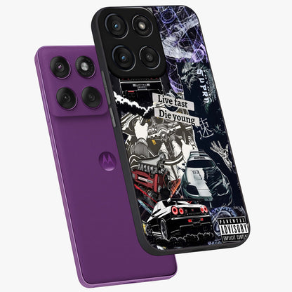 Die Young Glass Case displayed in angled mockup highlighting expressive graphic artwork with edgy aesthetic style.