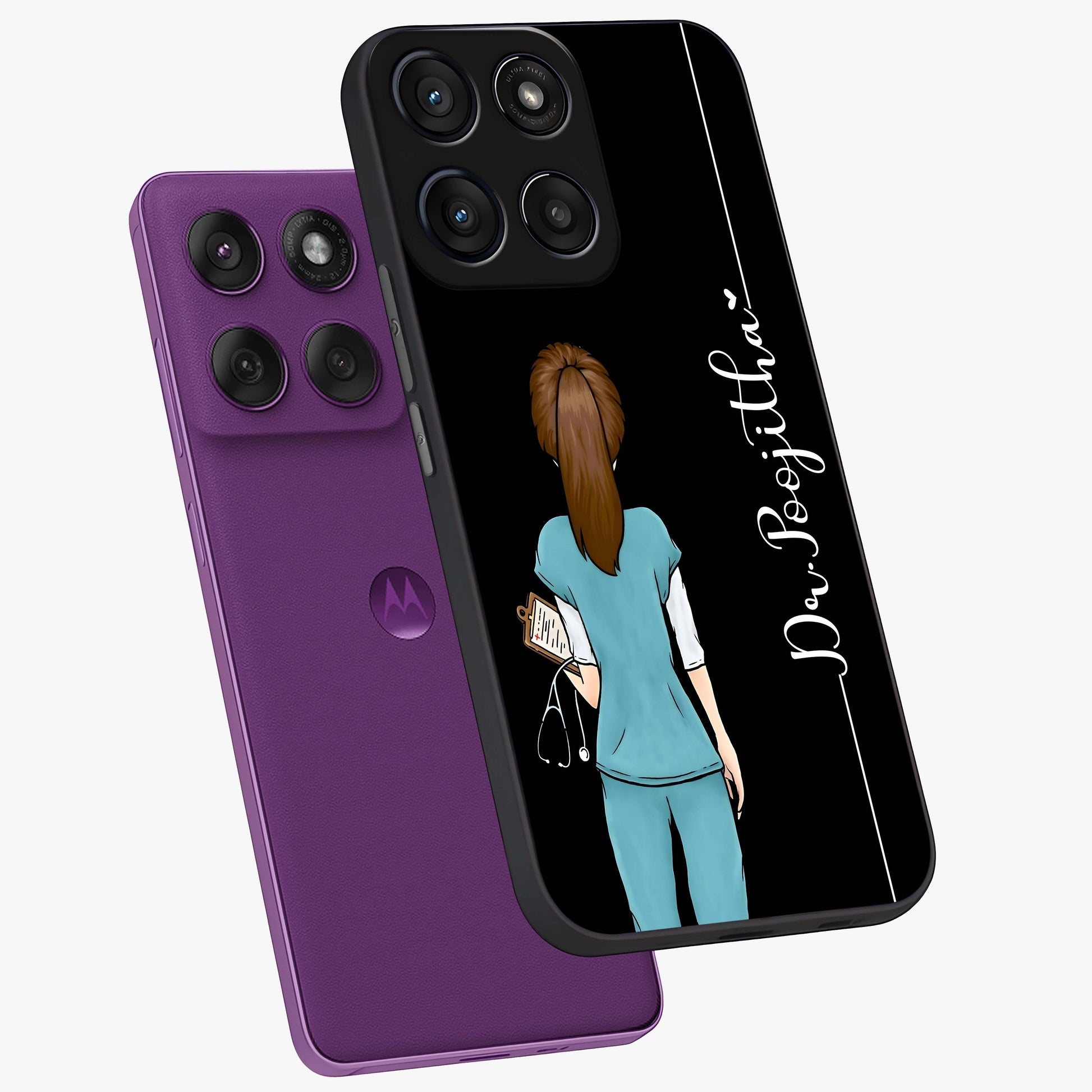 Doctor Pattern Custom Name Glass Case displayed in angled mockup highlighting doctor inspired artwork with custom name feature.