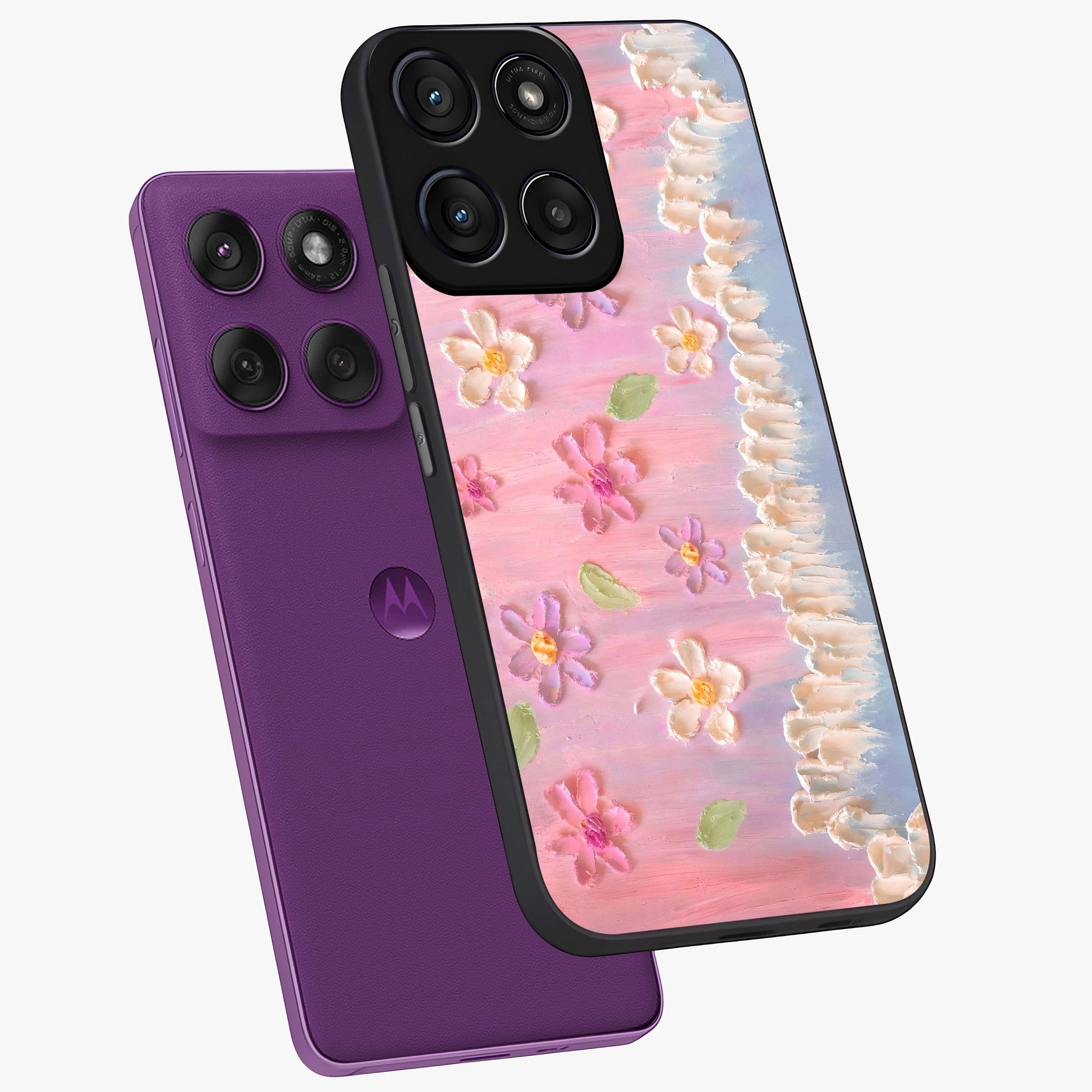 Dreamy Painted Garden Glass Case displayed in angled mockup highlighting colorful garden illustration with dreamy aesthetic style.