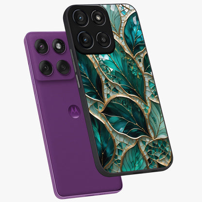 Emerald Leaf Glass Glass Case displayed in angled mockup highlighting botanical leaf illustration with elegant natural aesthetic.