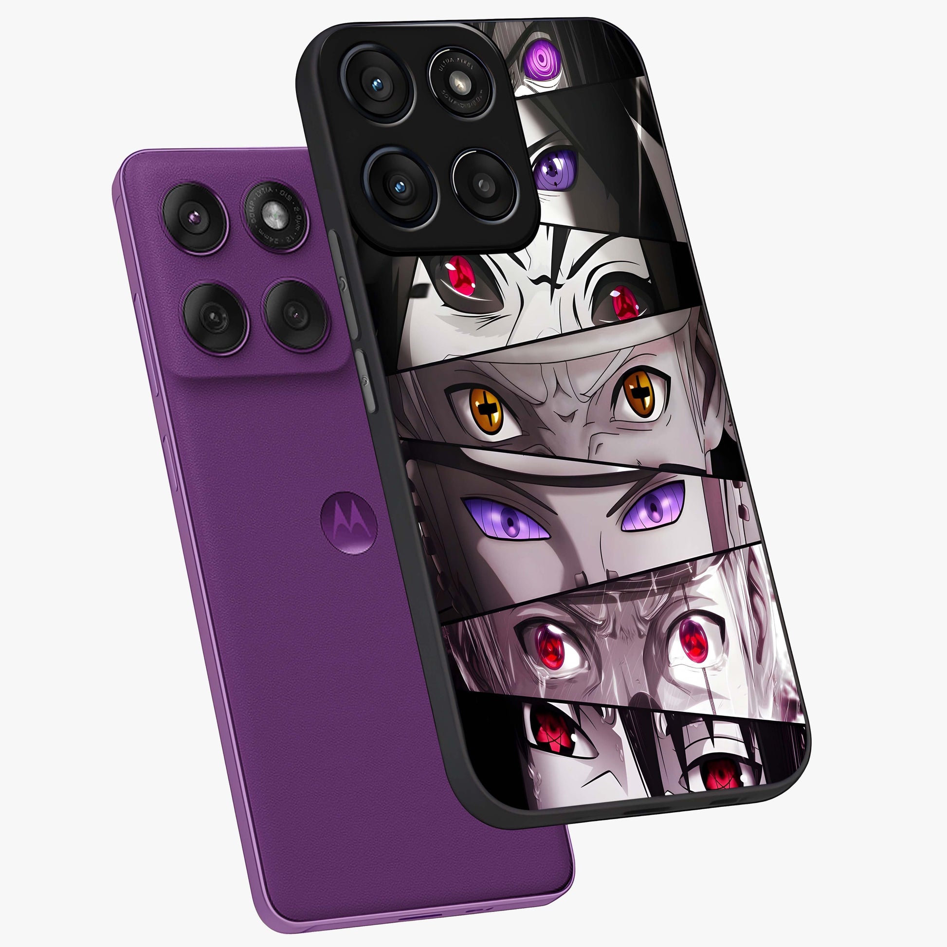 Eyes of Destiny Glass Case displayed in angled mockup highlighting bold eye illustration with mystical aesthetic style.