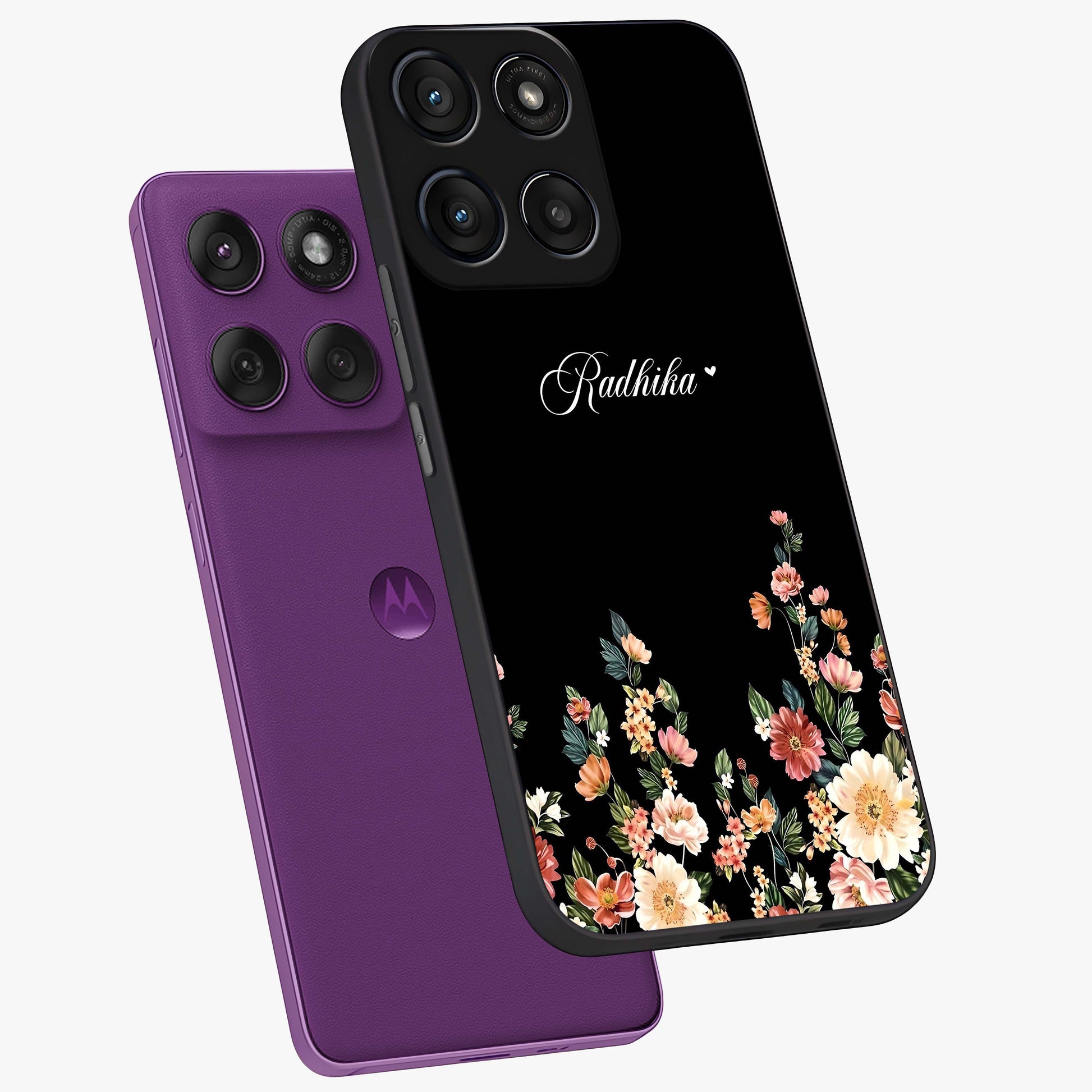 Floral Design With a Custom Personalized Name Glass Case displayed in angled mockup highlighting elegant floral pattern with custom name feature.