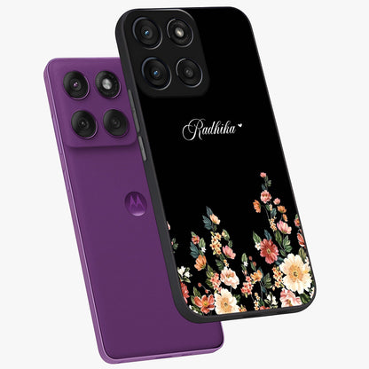 Floral Design With a Custom Personalized Name Glass Case displayed in angled mockup highlighting elegant floral pattern with custom name feature.