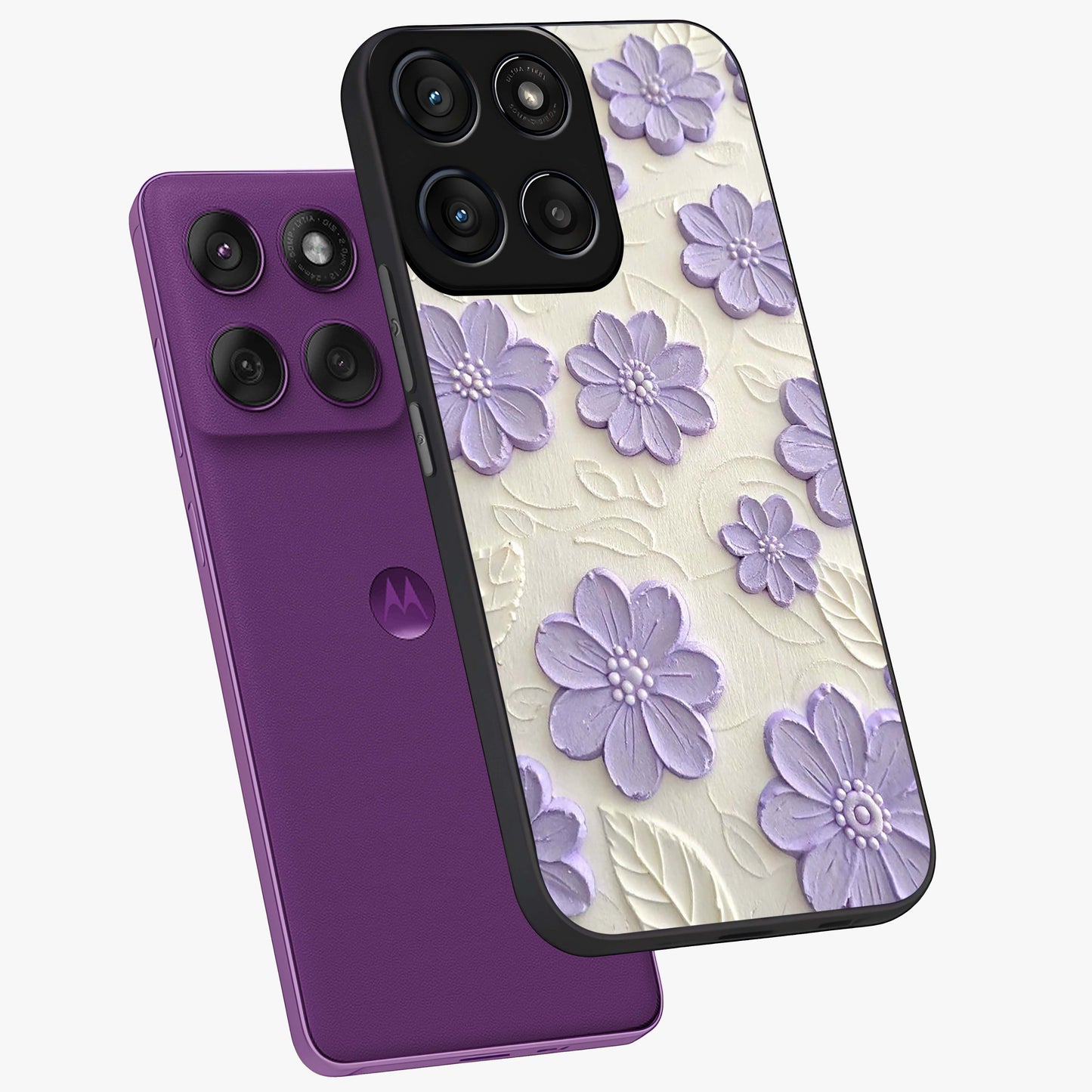 Floral Wall Art With Purple Flowers Glass Case displayed in angled mockup highlighting vibrant purple floral illustration with artistic aesthetic.