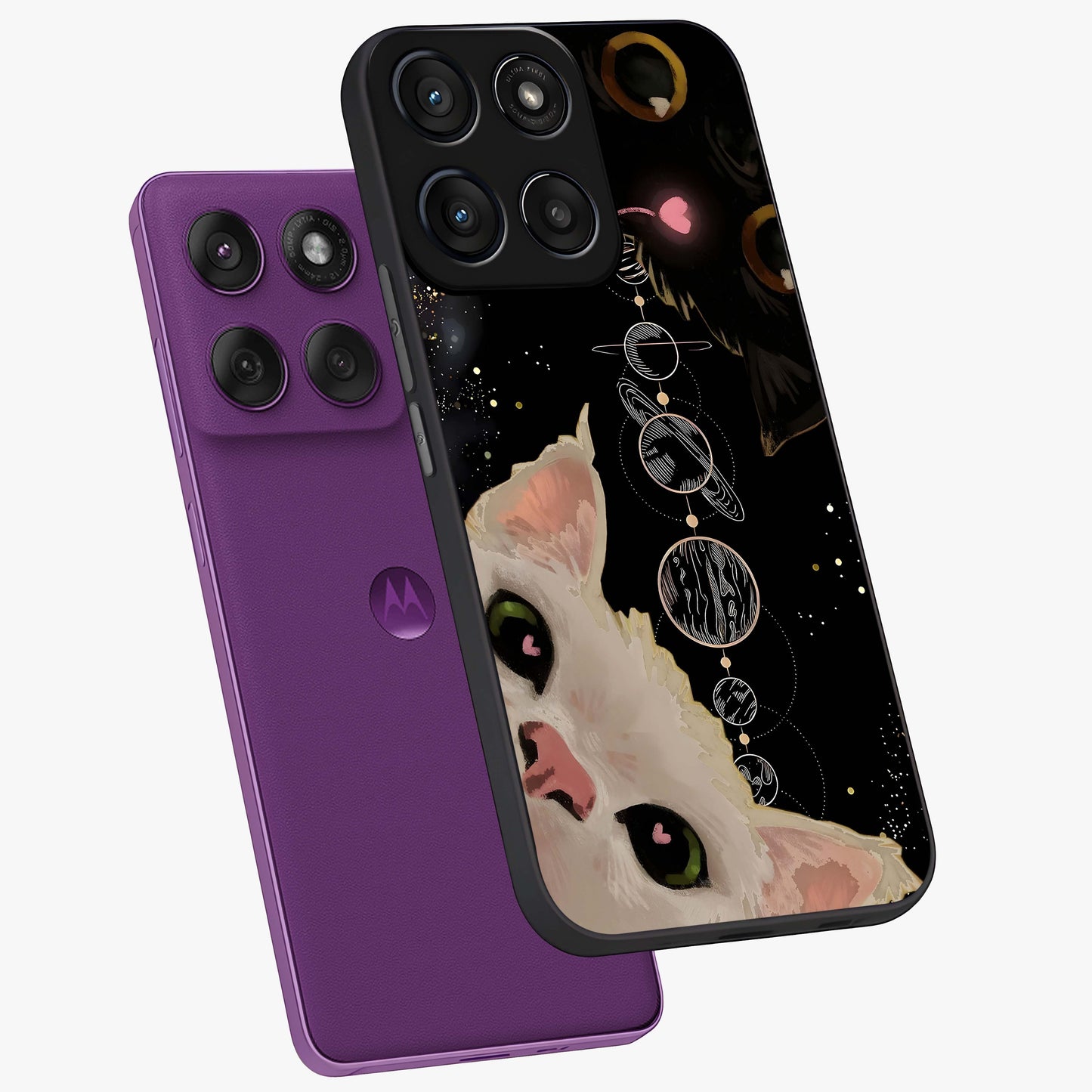 Galactic Cat Glass Case displayed in angled mockup highlighting celestial feline illustration with galaxy aesthetic style.