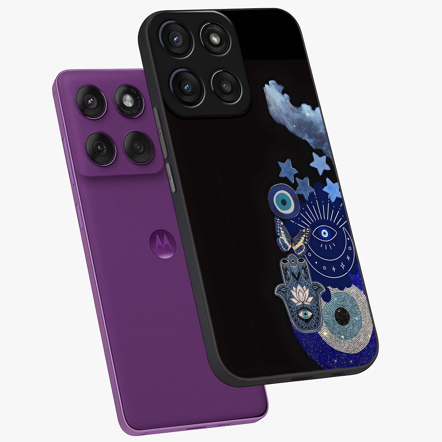 Galactic Charm Cluster Glass Case displayed in angled mockup highlighting luminous galaxy inspired design with dreamy aesthetic.
