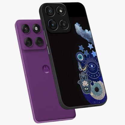 Galactic Charm Cluster Glass Case displayed in angled mockup highlighting luminous galaxy inspired design with dreamy aesthetic.