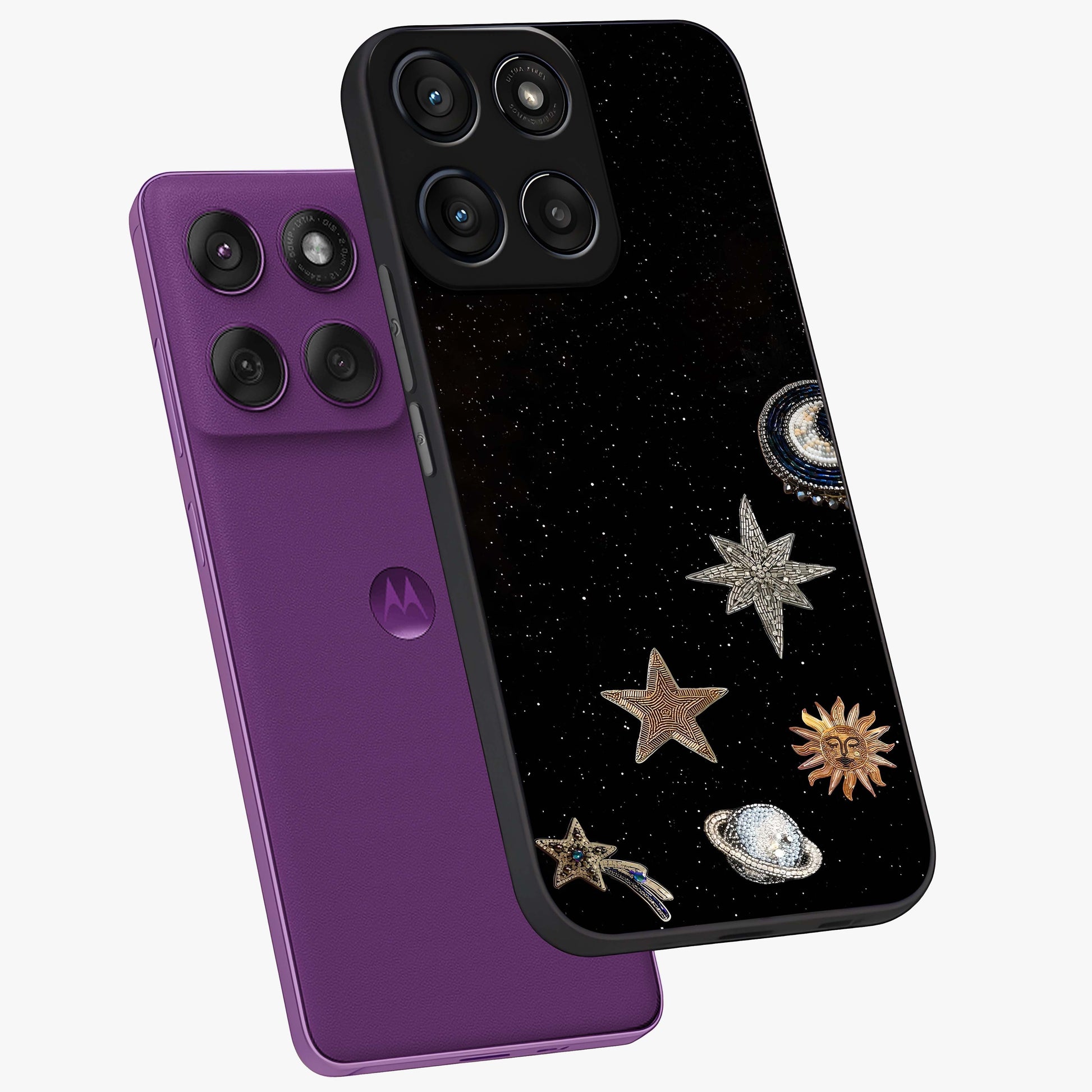 Galactic Charm Glow Glass Case displayed in angled mockup highlighting luminous galaxy inspired design with dreamy aesthetic.
