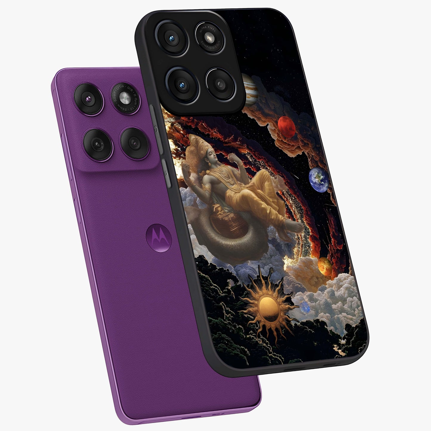 Galactic Divine God Glass Case displayed in angled mockup highlighting powerful celestial deity illustration with galactic aesthetic.
