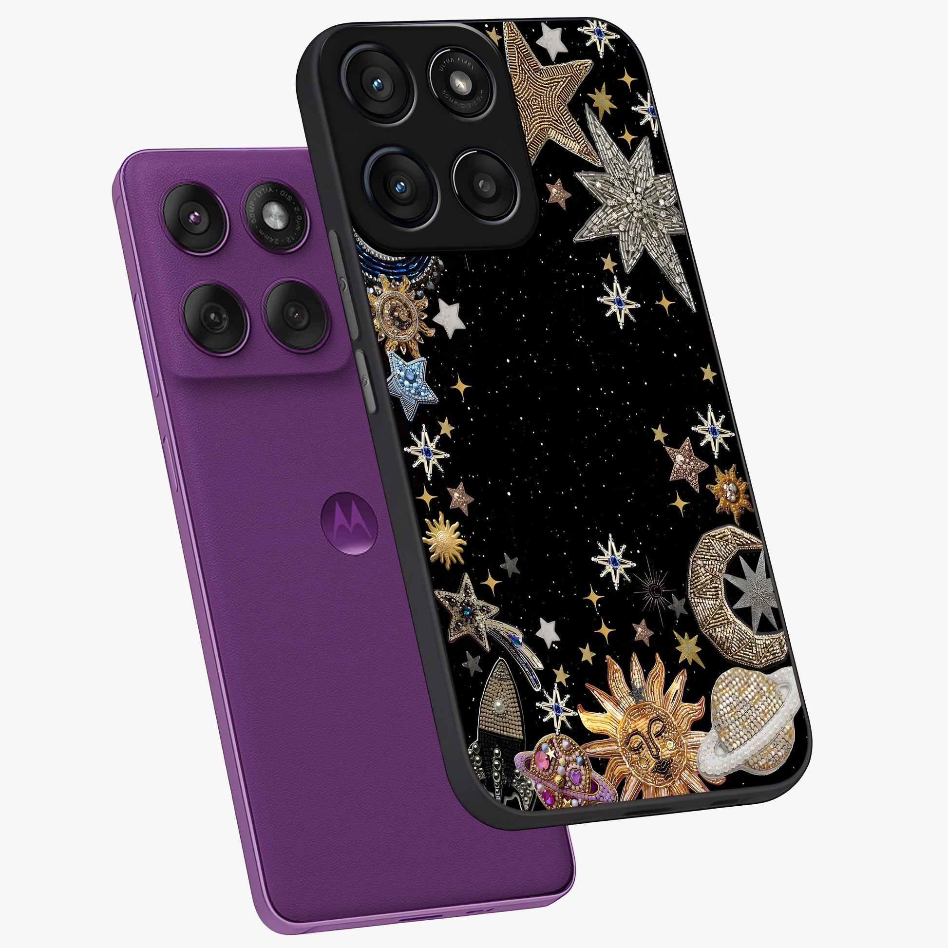 Galactic Jewel Stars Glass Case displayed in angled mockup highlighting shining celestial star design with cosmic aesthetic style.