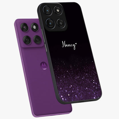 Glittery Purple Bokeh Custom Name Glass Case displayed in angled mockup highlighting glitter bokeh pattern with custom name feature.