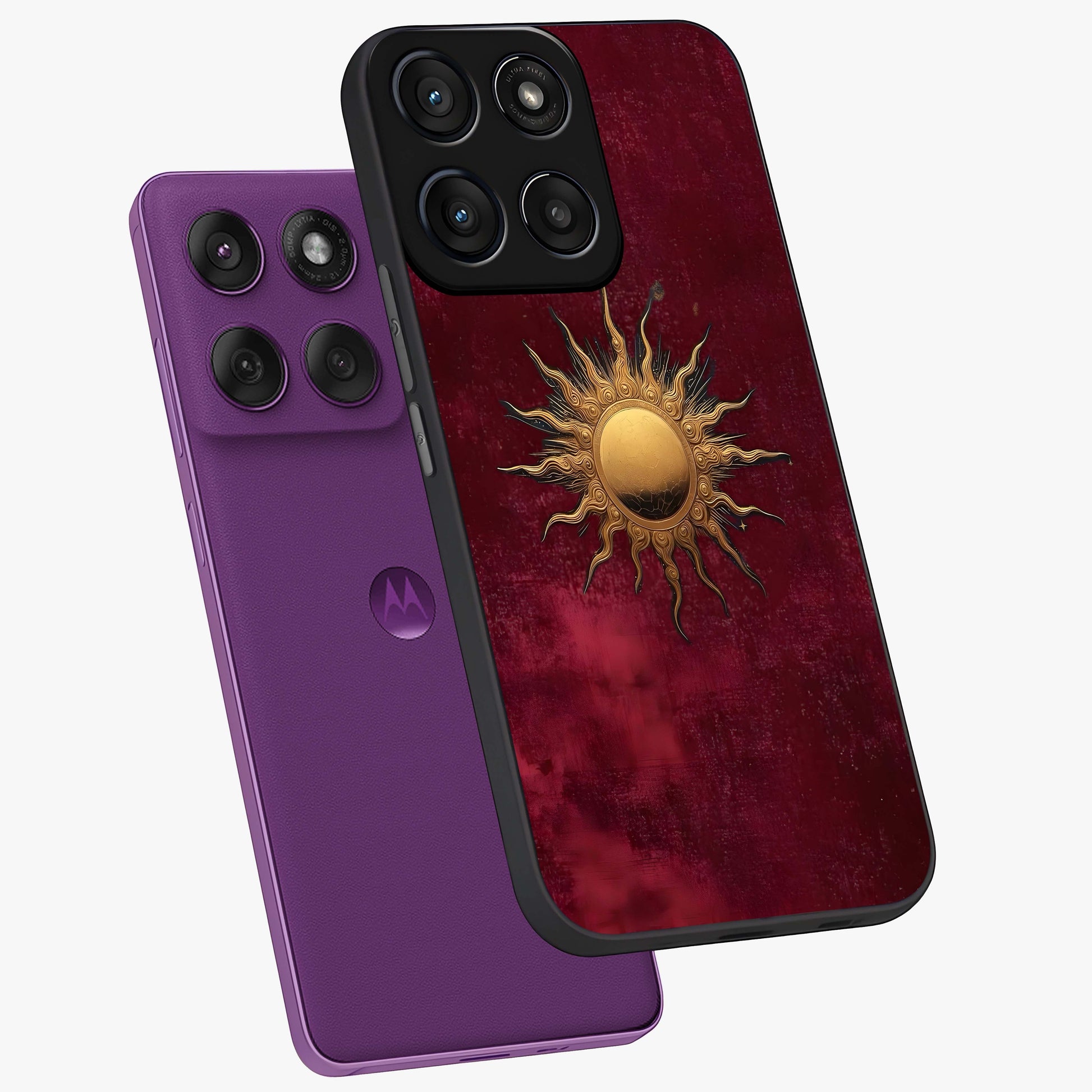 Golden Sun Minimalism Glass Case displayed in angled mockup highlighting clean sun symbol design with modern minimal aesthetic.
