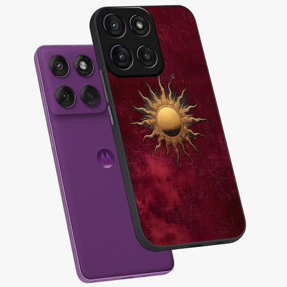 Golden Sun Minimalism Glass Case displayed in angled mockup highlighting clean sun symbol design with modern minimal aesthetic.