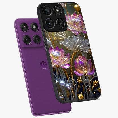 Golden Floral Majesty Glass Case displayed in angled mockup highlighting elegant flower design with royal golden aesthetic.
