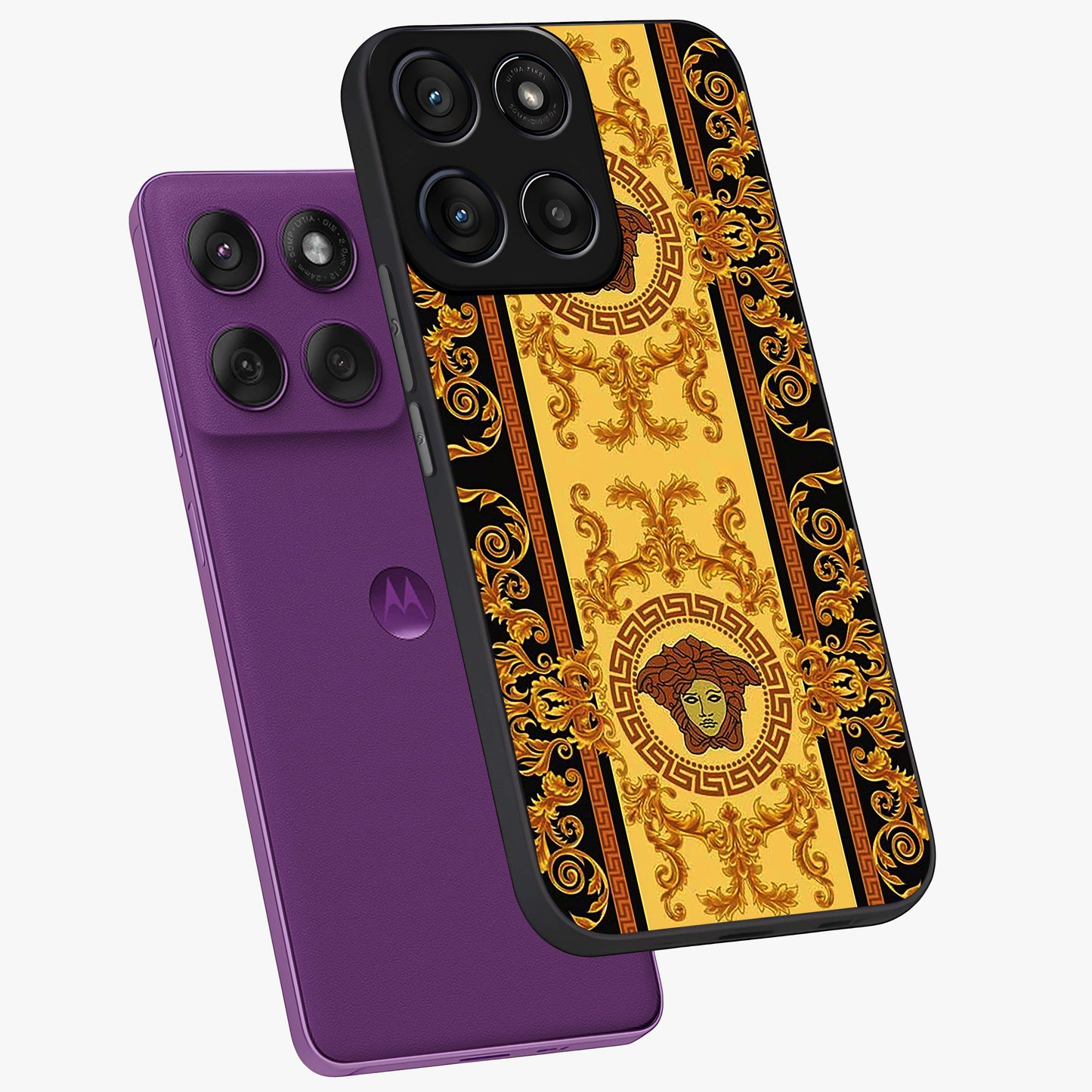 Golden Lotus Glow Glass Case displayed in angled mockup highlighting radiant lotus illustration with spiritual aesthetic.