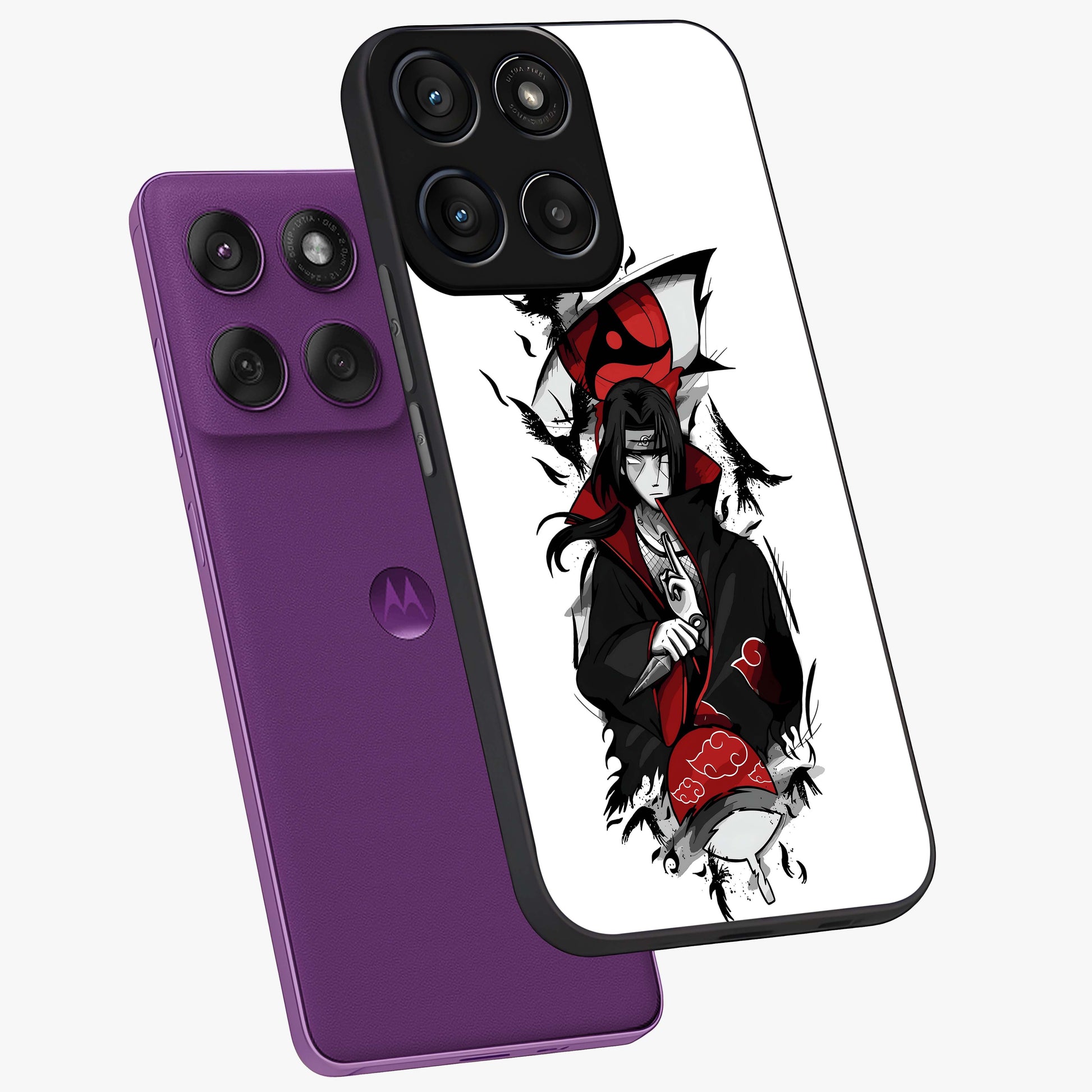 Itachi Limited Edition Naruto Anime Glass Case displayed in angled mockup highlighting dramatic anime illustration with bold action aesthetic.