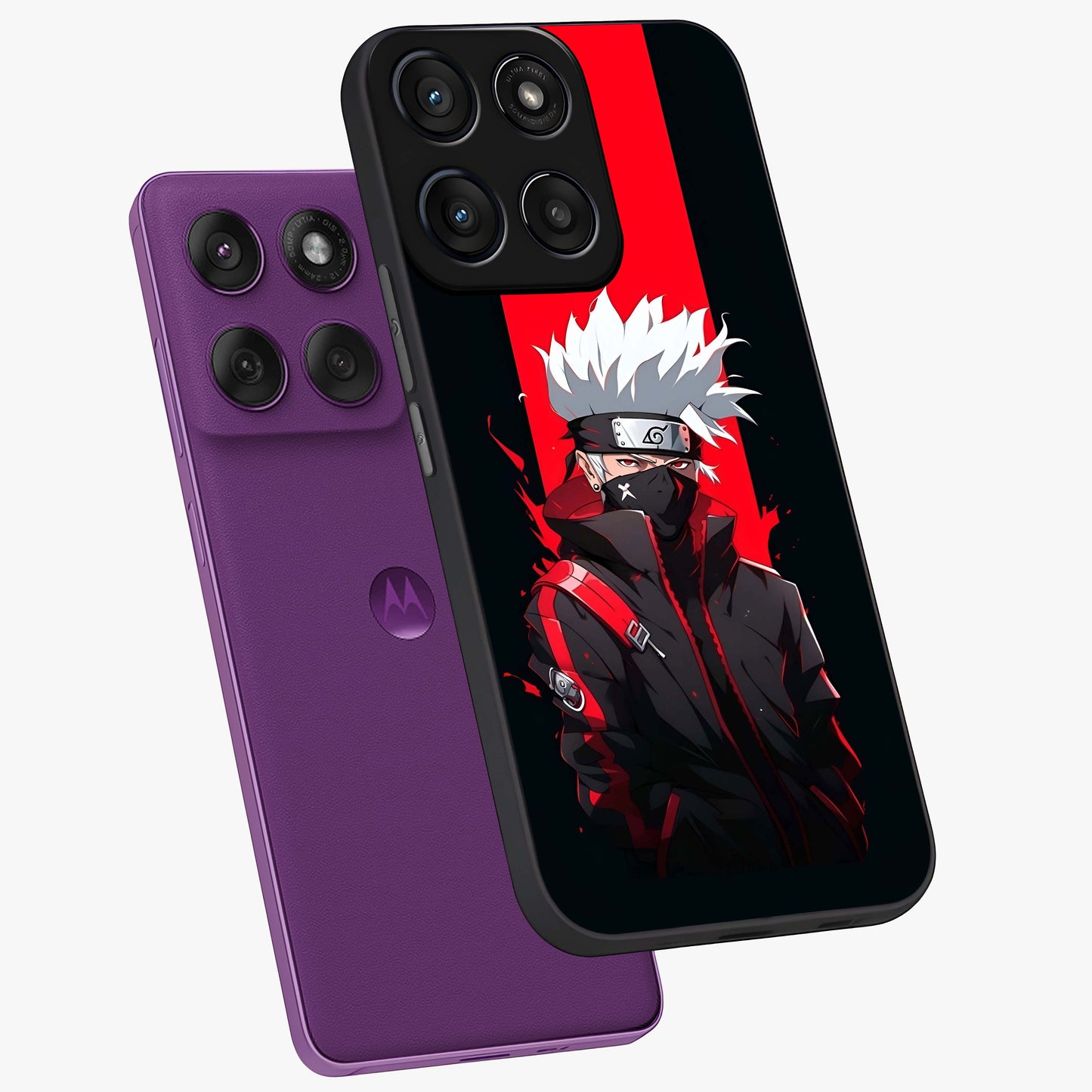 Kakashi Scarlet Shadow Glass Case displayed in angled mockup highlighting dramatic ninja illustration with scarlet themed aesthetic.