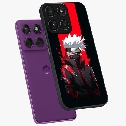 Kakashi Scarlet Shadow Glass Case displayed in angled mockup highlighting dramatic ninja illustration with scarlet themed aesthetic.
