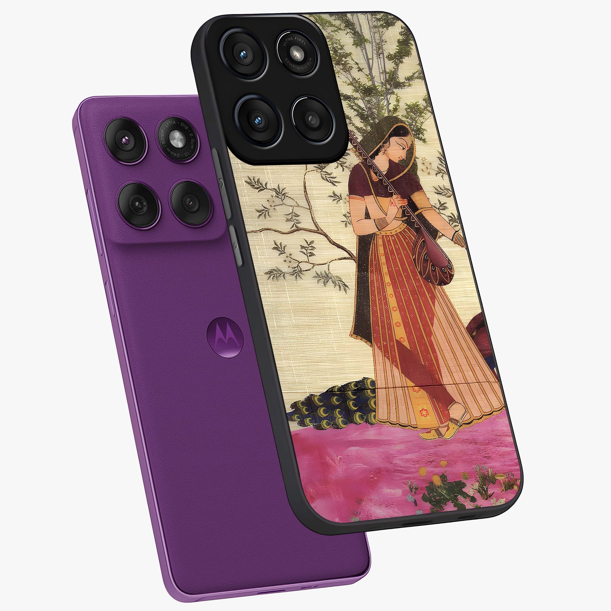 Lady With Veena Art Glass Case displayed in angled mockup highlighting graceful musical illustration with cultural artistic aesthetic.