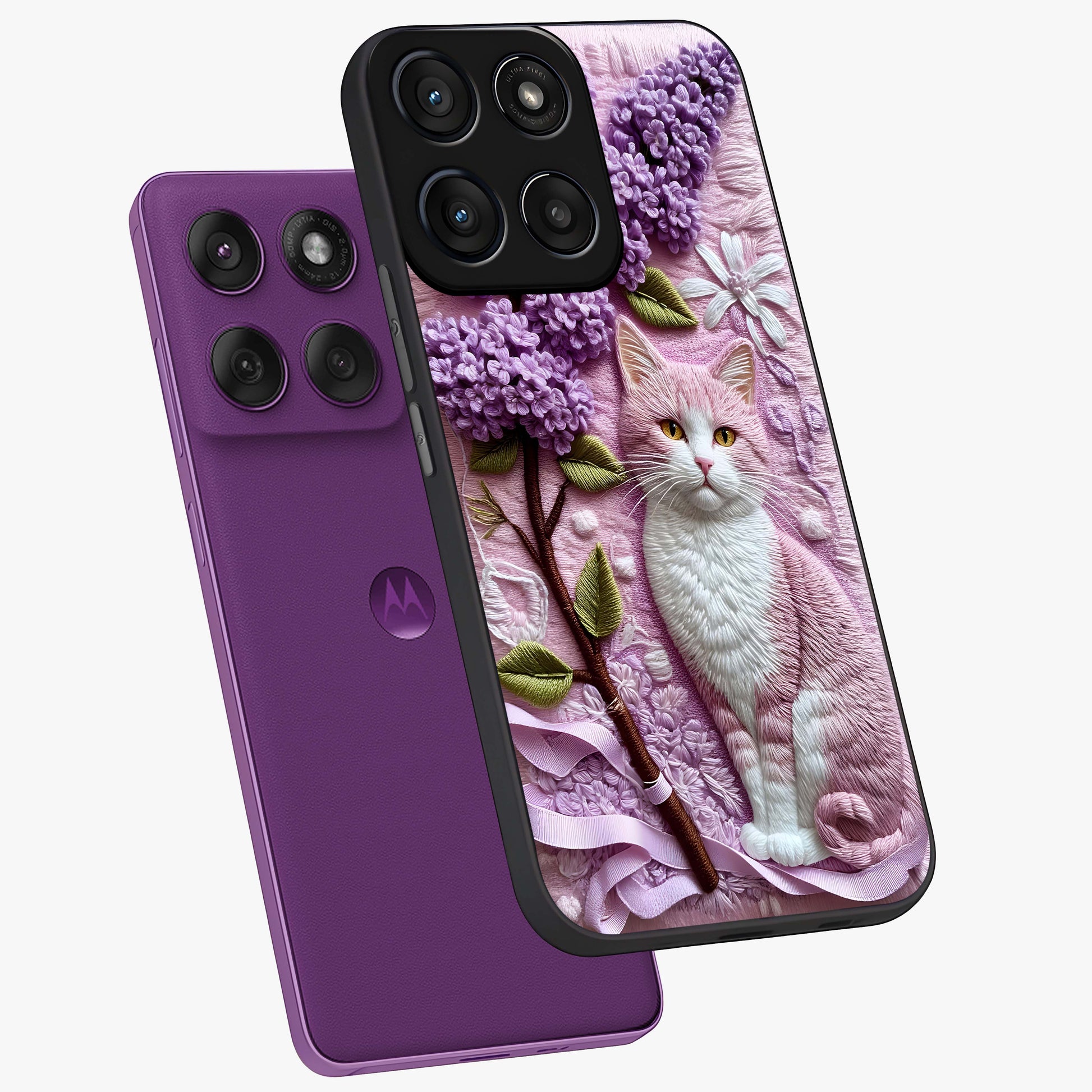 Lavender Cat Whimsy Glass Case displayed in angled mockup highlighting playful feline illustration with pastel lavender aesthetic.