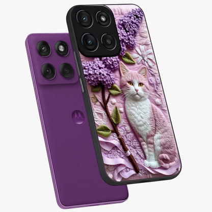 Lavender Cat Whimsy Glass Case displayed in angled mockup highlighting playful feline illustration with pastel lavender aesthetic.