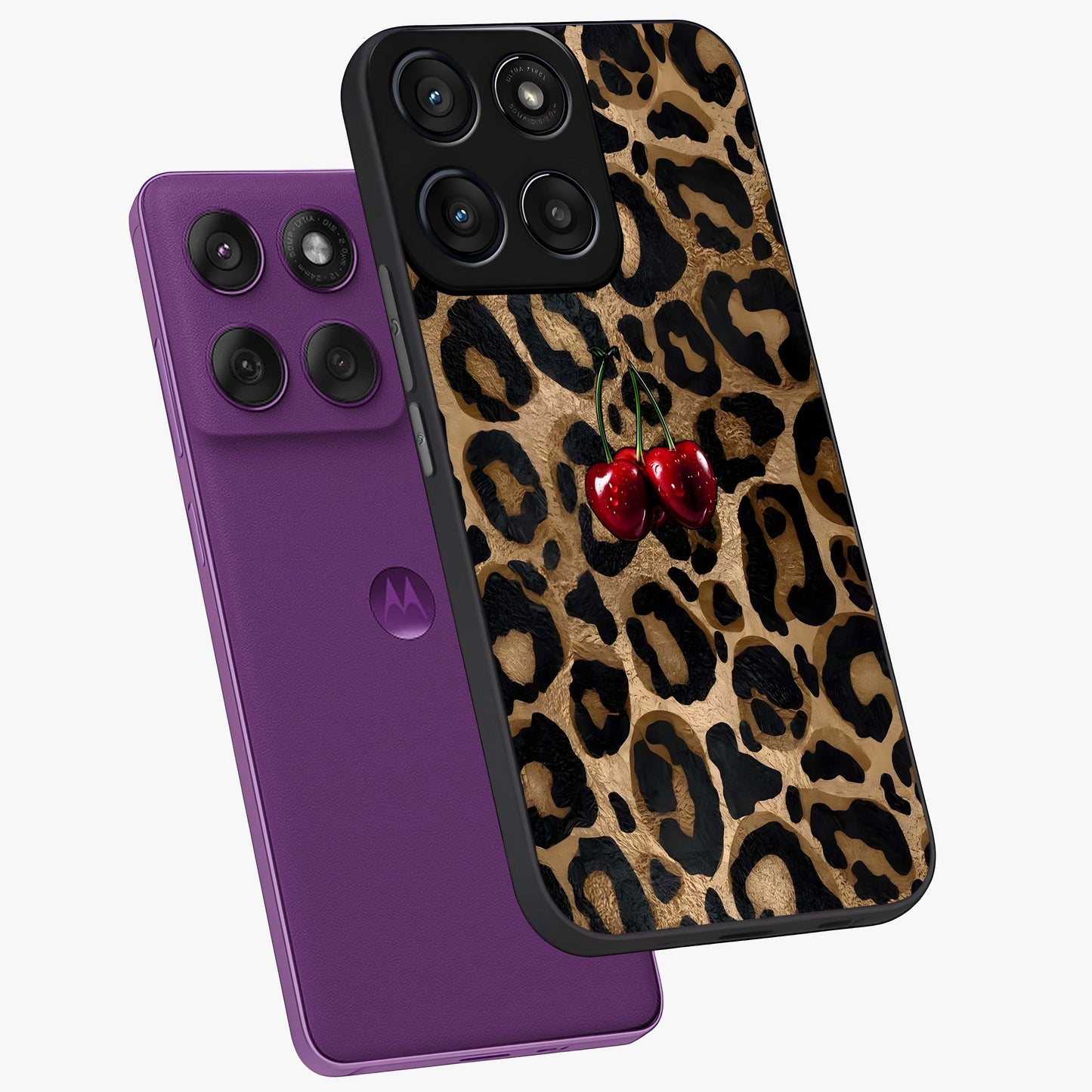 Leopard Wild Cherry Glass Case displayed in angled mockup highlighting bold animal print design with playful cherry aesthetic.