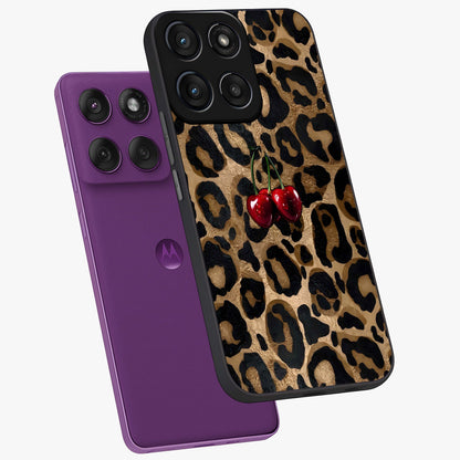 Leopard Wild Cherry Glass Case displayed in angled mockup highlighting bold animal print design with playful cherry aesthetic.