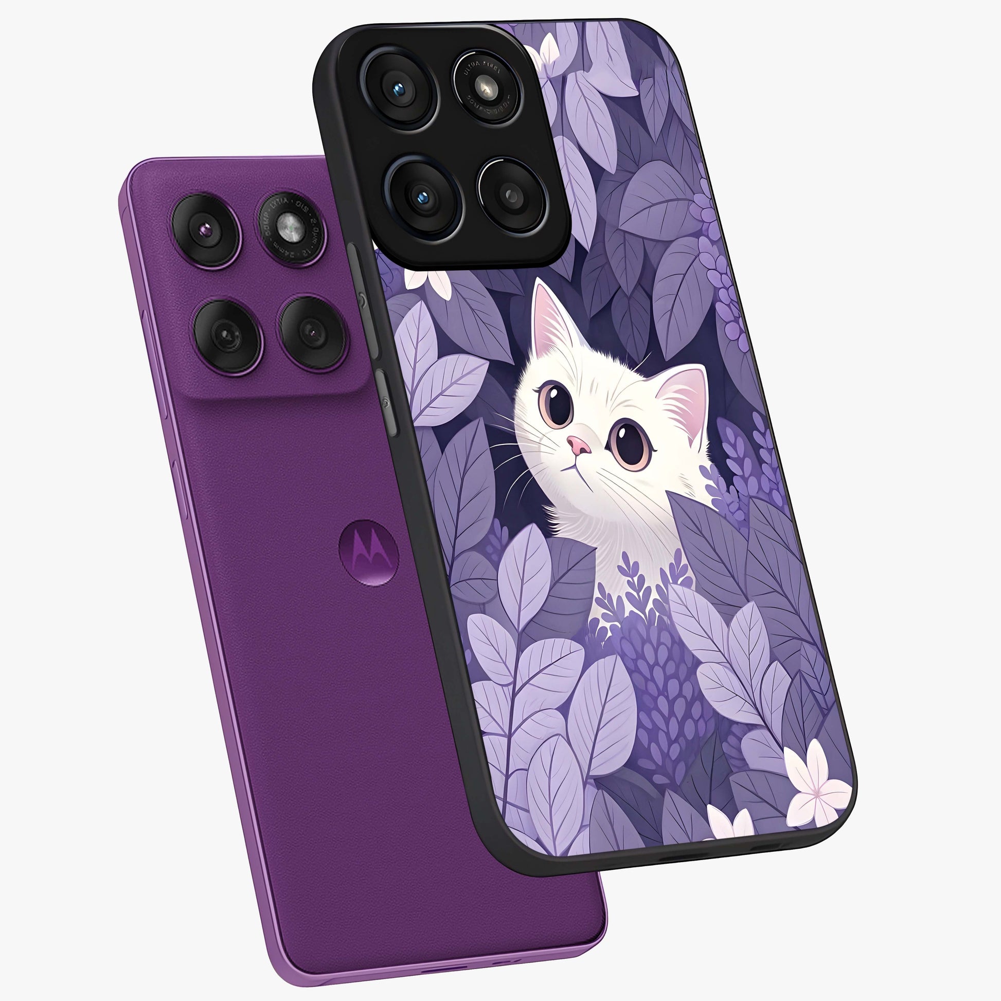 Lilac Hide Peek Cat Glass Case displayed in angled mockup highlighting playful feline illustration with lilac aesthetic design.