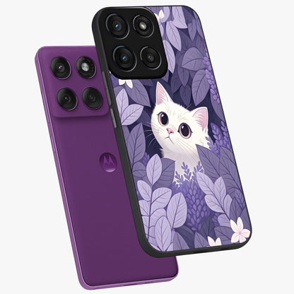 Lilac Hide Peek Cat Glass Case displayed in angled mockup highlighting playful feline illustration with lilac aesthetic design.