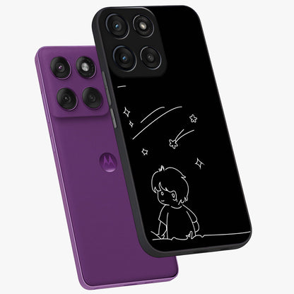 Line Art Boy With Shooting Stars Glass Case displayed in angled mockup highlighting elegant line art design with dreamy star aesthetic.