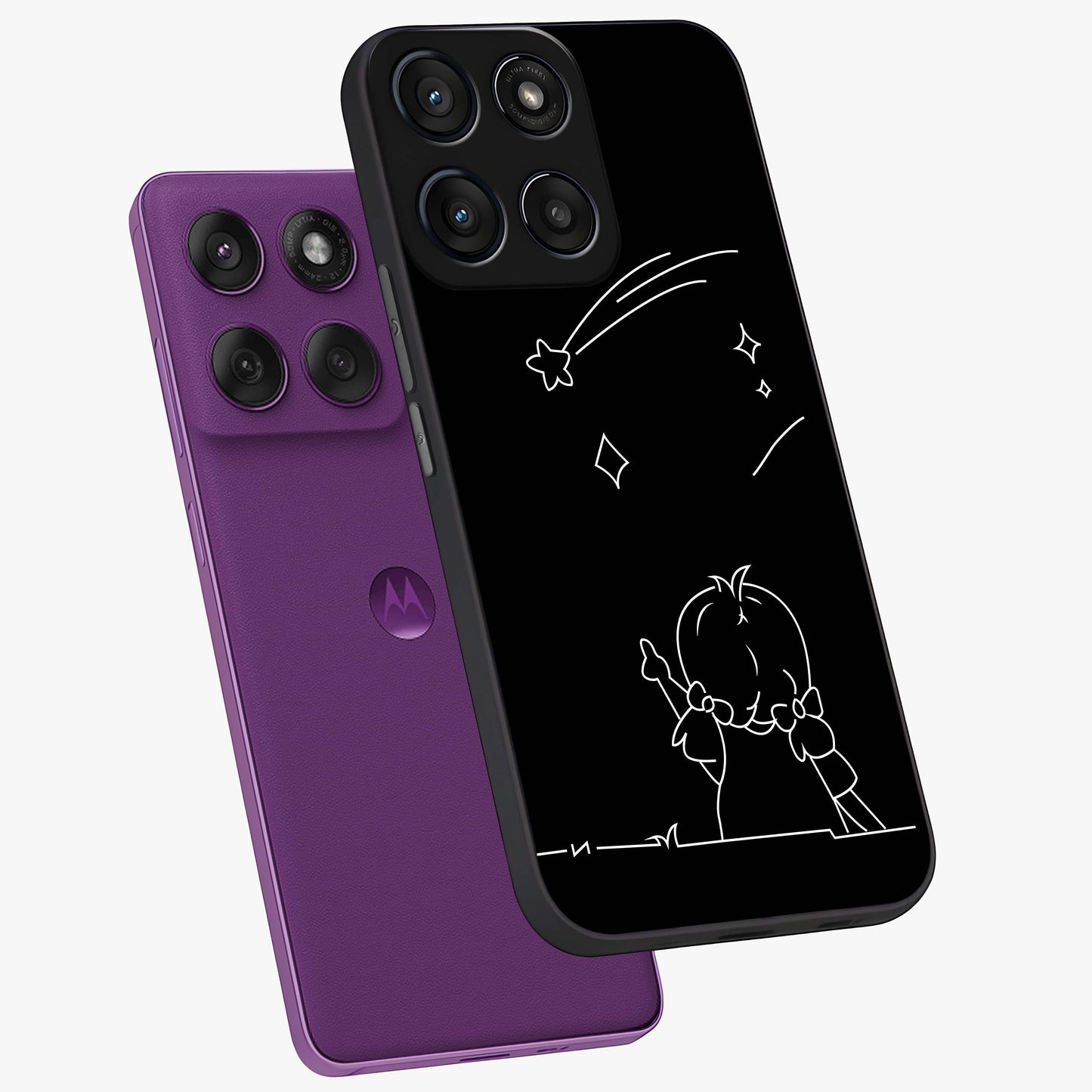 Line Art Girl With Shooting Stars Glass Case displayed in angled mockup highlighting elegant line art design with dreamy star aesthetic.