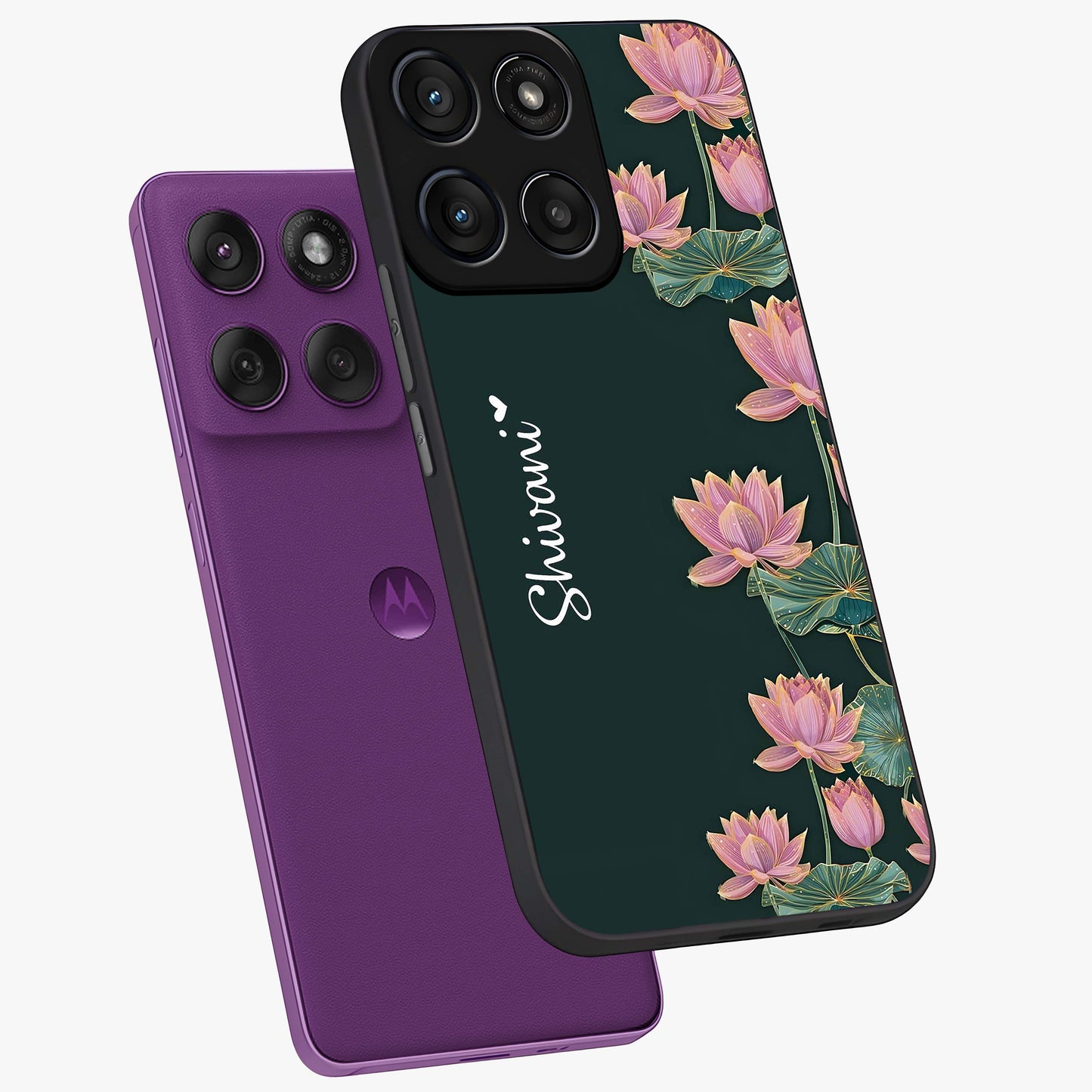 Lotus Bloom Serenity Custom Name Glass Case displayed in angled mockup highlighting graceful lotus illustration with custom name feature.
