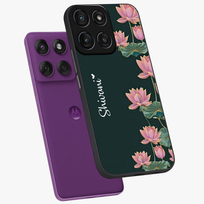 Lotus Bloom Serenity Custom Name Glass Case displayed in angled mockup highlighting graceful lotus illustration with custom name feature.