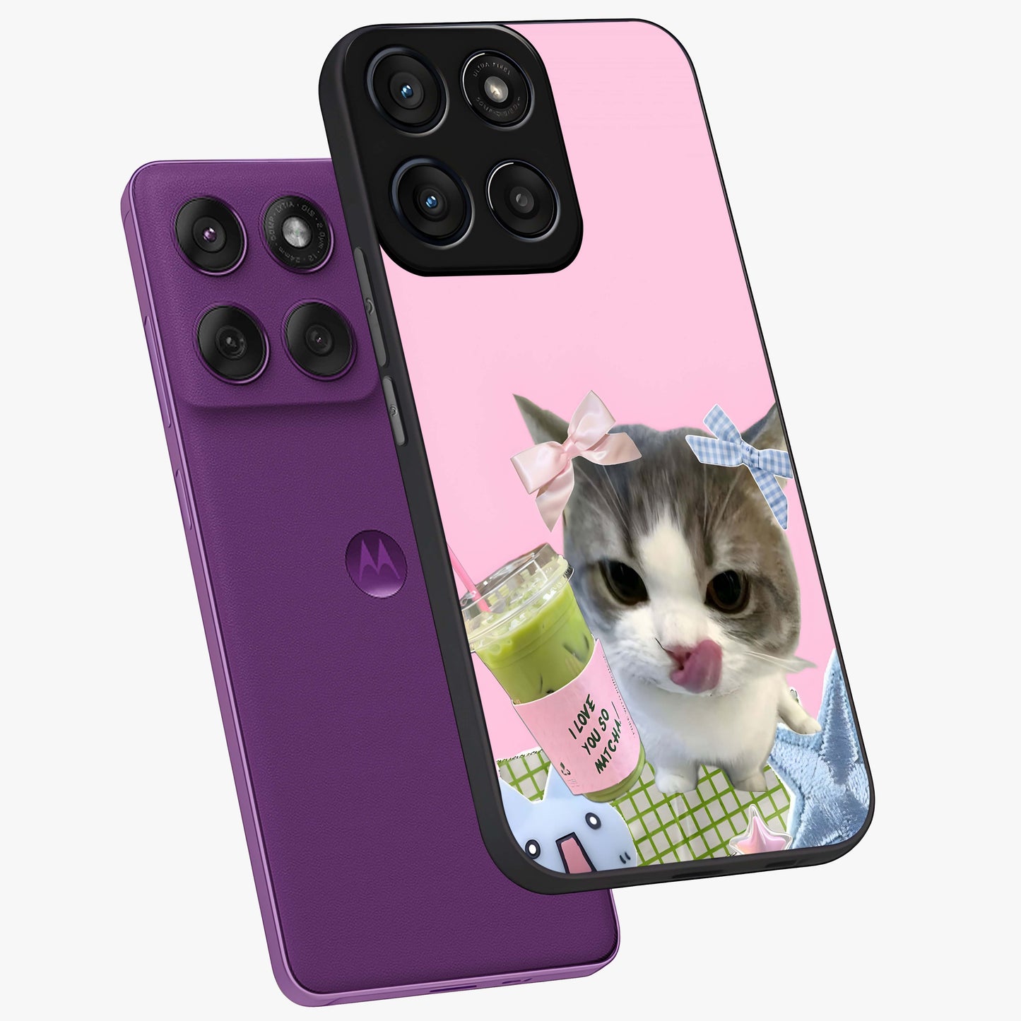 Love Matcha Cat Glass Case displayed in angled mockup highlighting playful feline illustration with cozy matcha aesthetic.