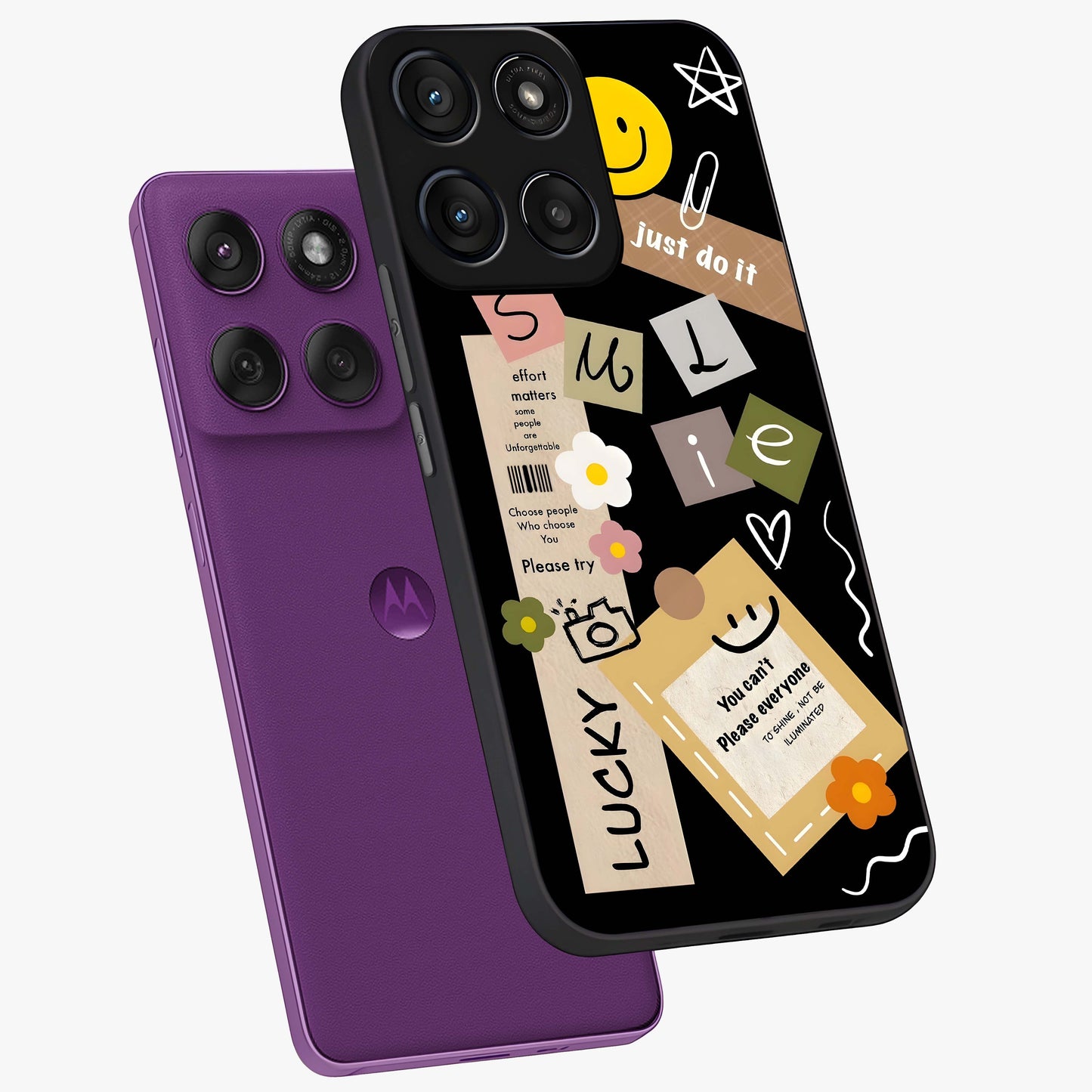 Lucky Aesthetic Collage Glass Case displayed in angled mockup highlighting stylish collage pattern with modern aesthetic vibe.