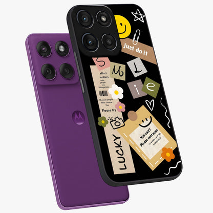 Lucky Aesthetic Collage Glass Case displayed in angled mockup highlighting stylish collage pattern with modern aesthetic vibe.