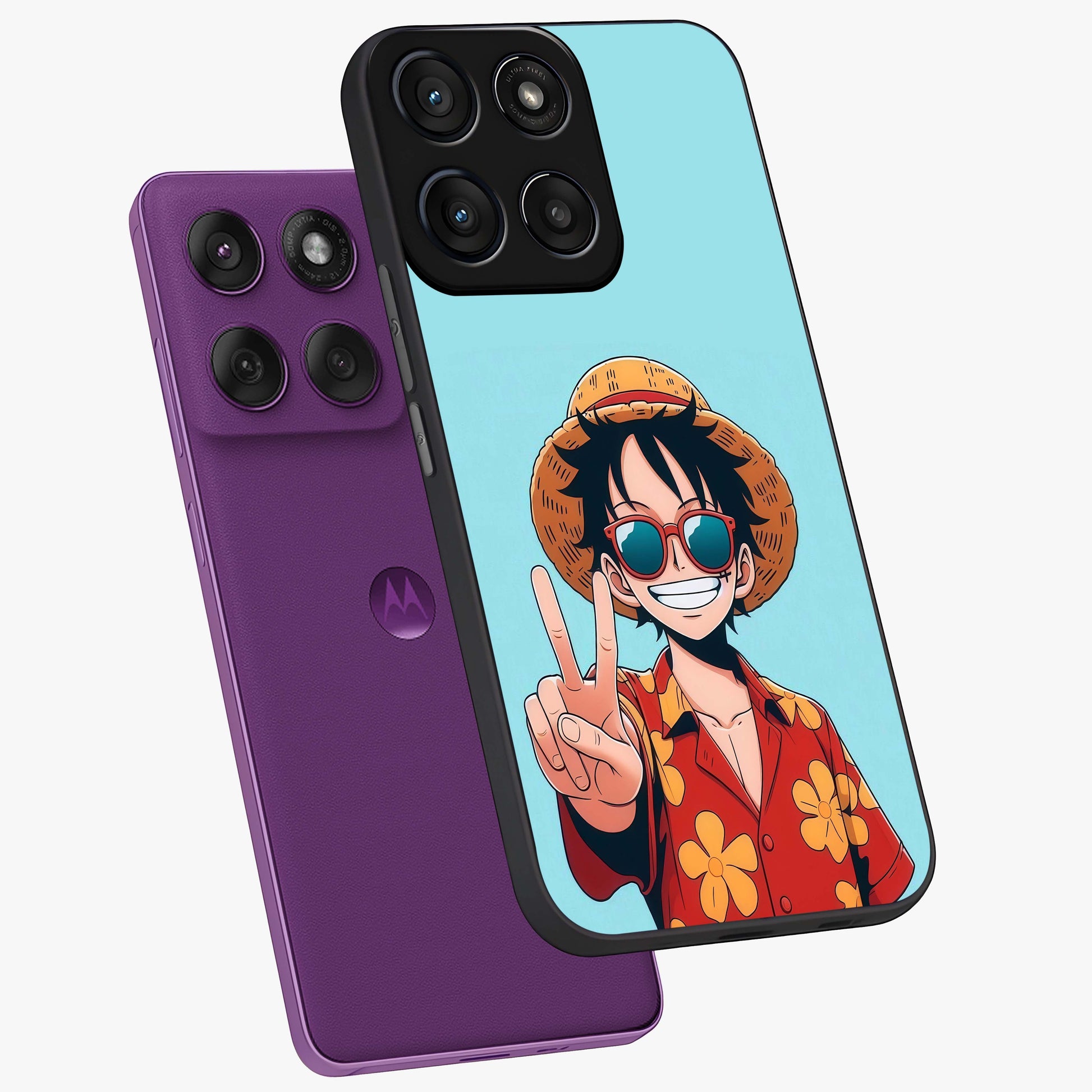 Luffy Summer Anime Vibe Glass Case displayed in angled mockup highlighting energetic anime illustration with summer vibe aesthetic.