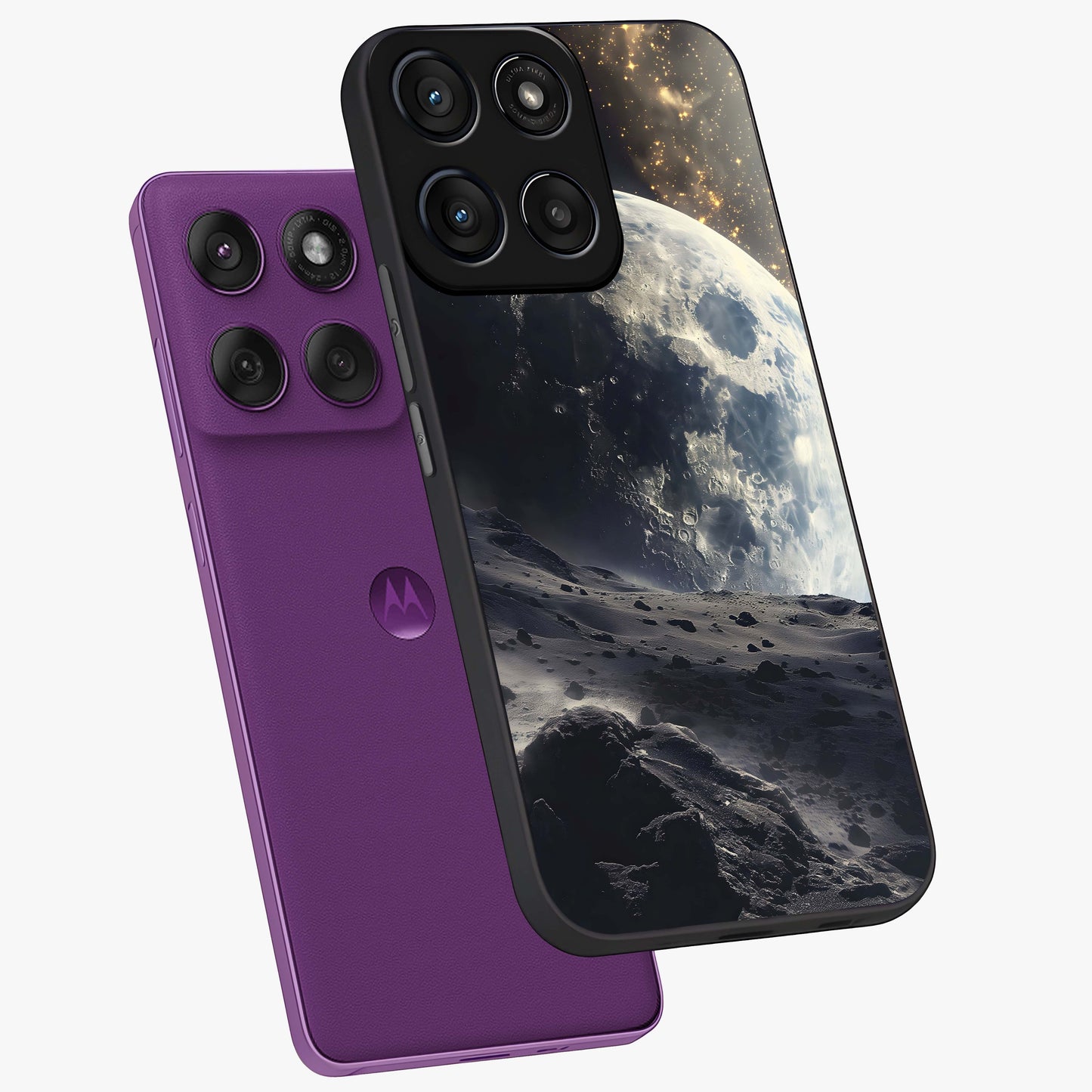 Lunar Horizon Glow Glass Case displayed in angled mockup highlighting celestial moon design with dreamy night aesthetic.
