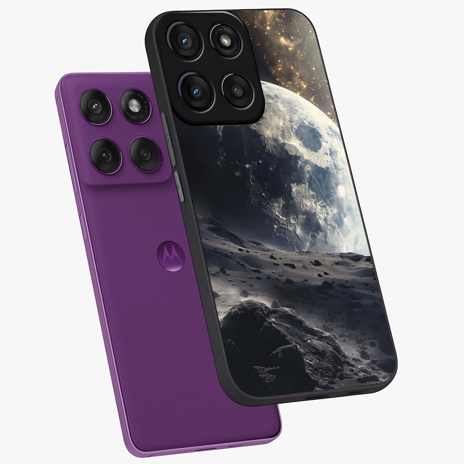 Lunar Horizon Glow Glass Case displayed in angled mockup highlighting celestial moon design with dreamy night aesthetic.