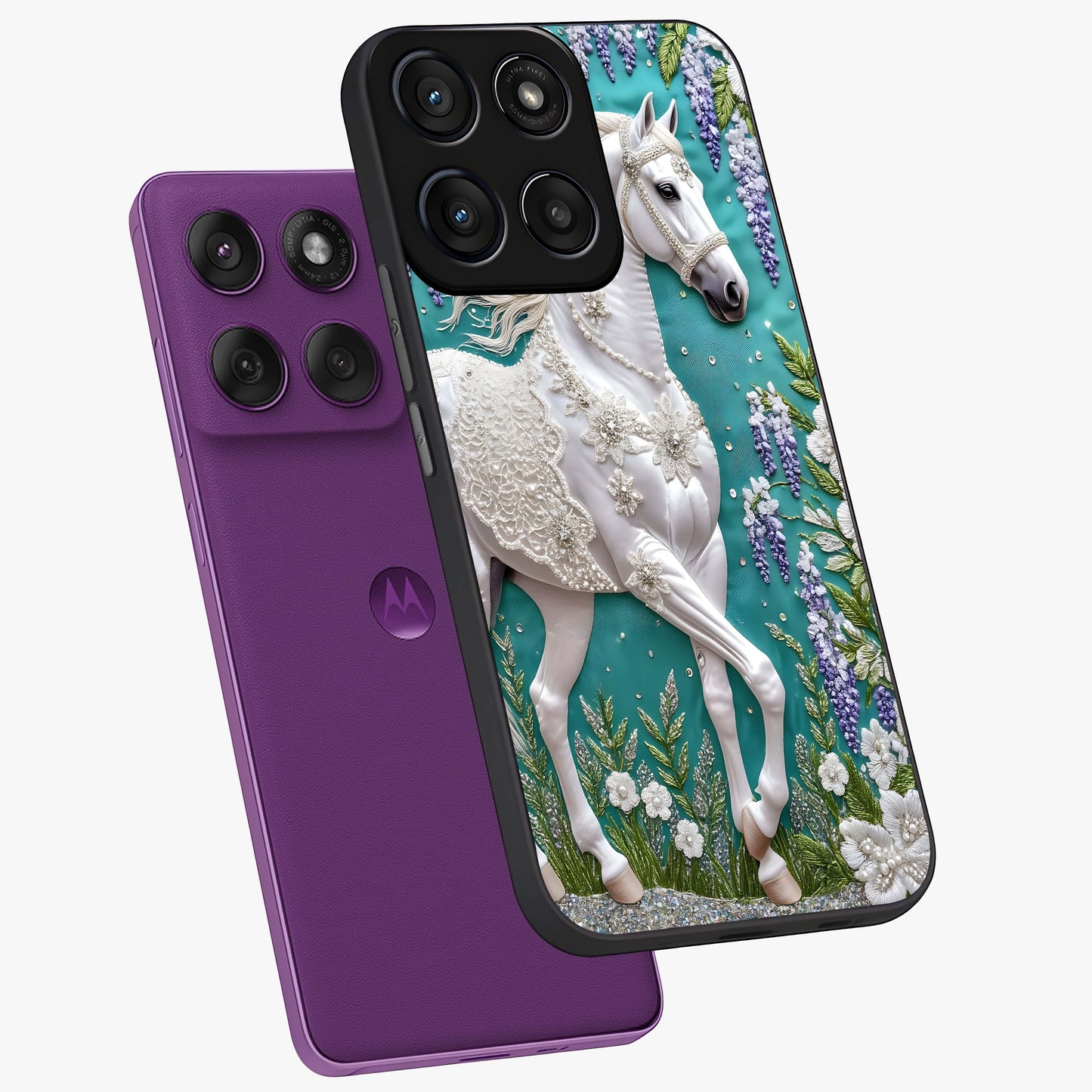 Majestic Floral Stallion Glass Case displayed in angled mockup highlighting majestic stallion illustration with elegant floral aesthetic.