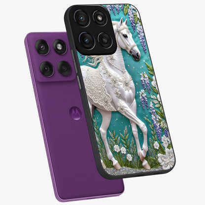 Majestic Floral Stallion Glass Case displayed in angled mockup highlighting majestic stallion illustration with elegant floral aesthetic.