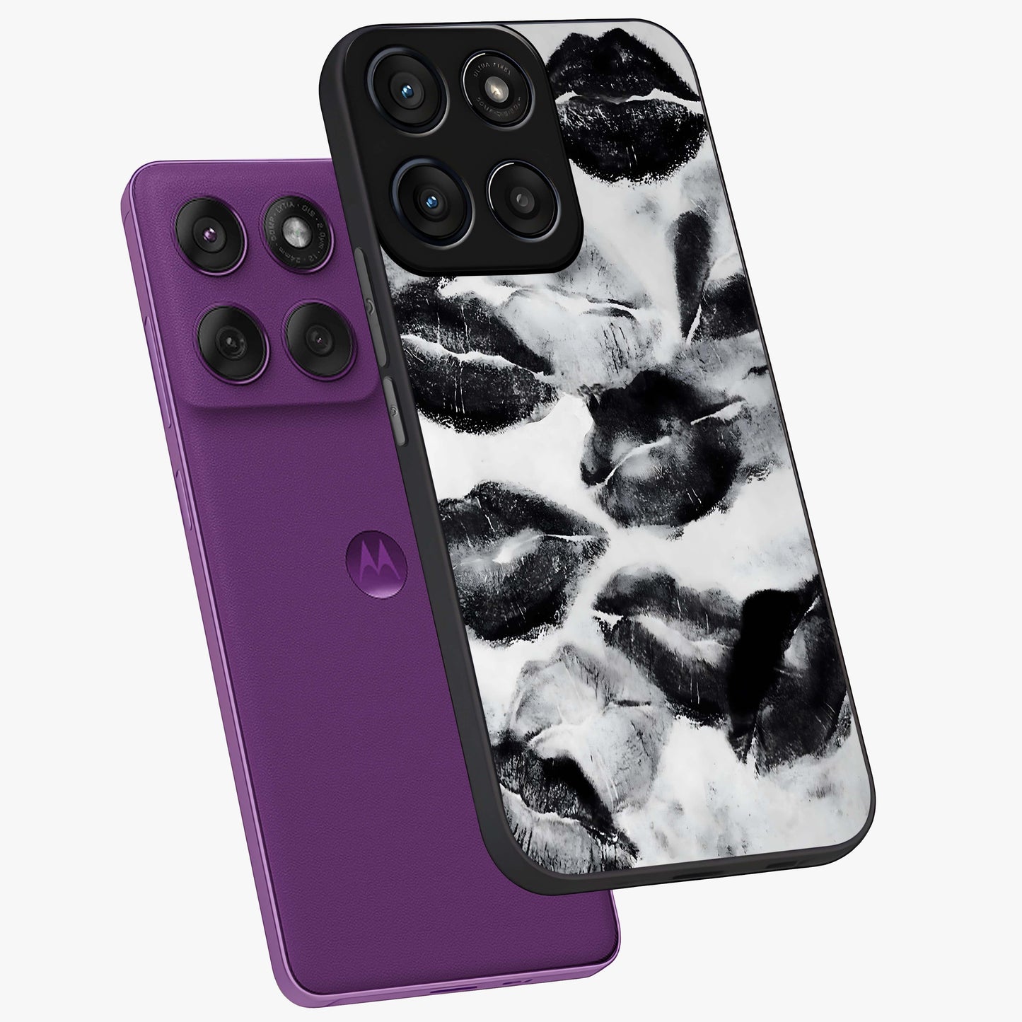 Midnight Kiss Marks Glass Case displayed in angled mockup highlighting playful romantic design with bold midnight aesthetic.