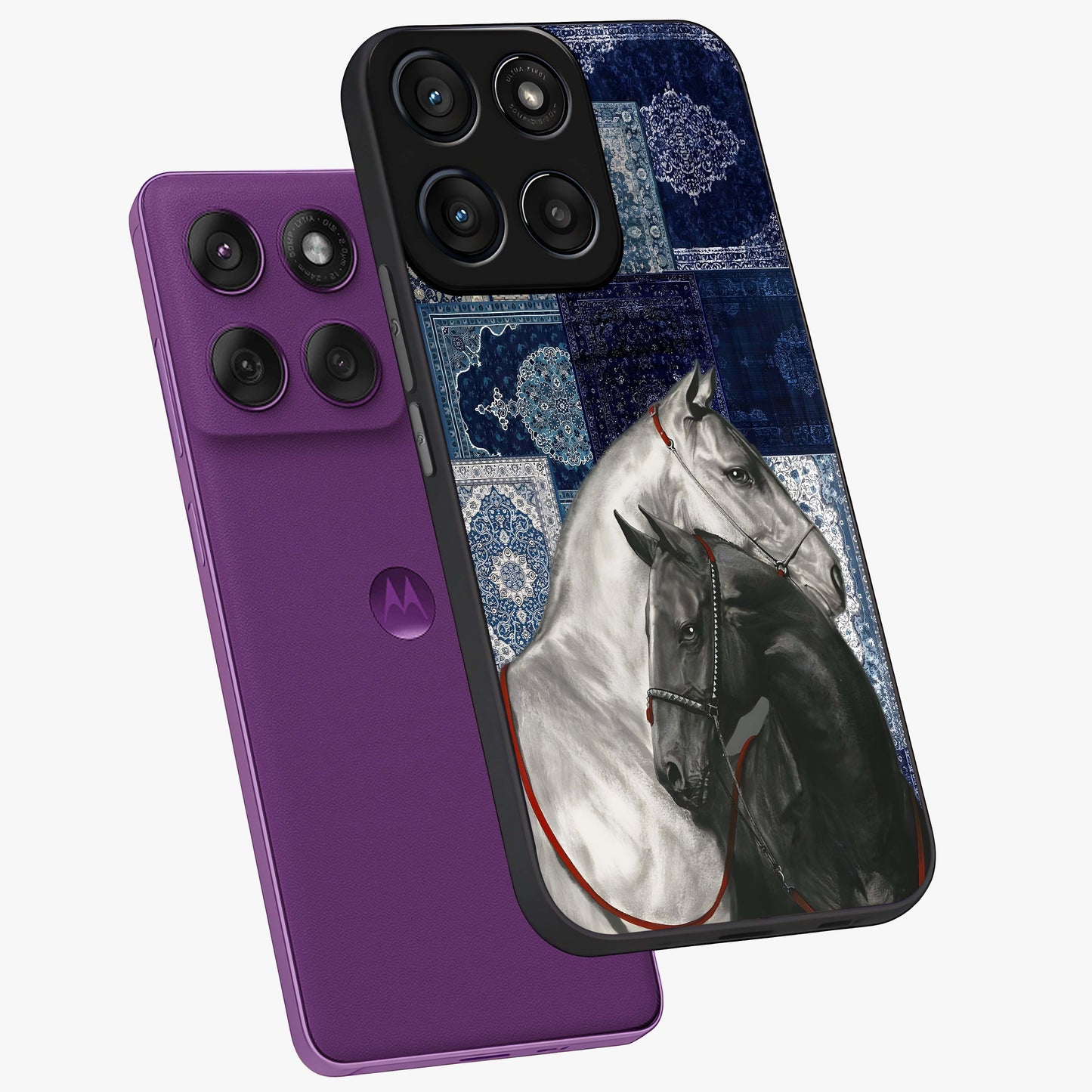 Midnight Stallion Blues Glass Case displayed in angled mockup highlighting powerful stallion illustration with deep midnight tones.