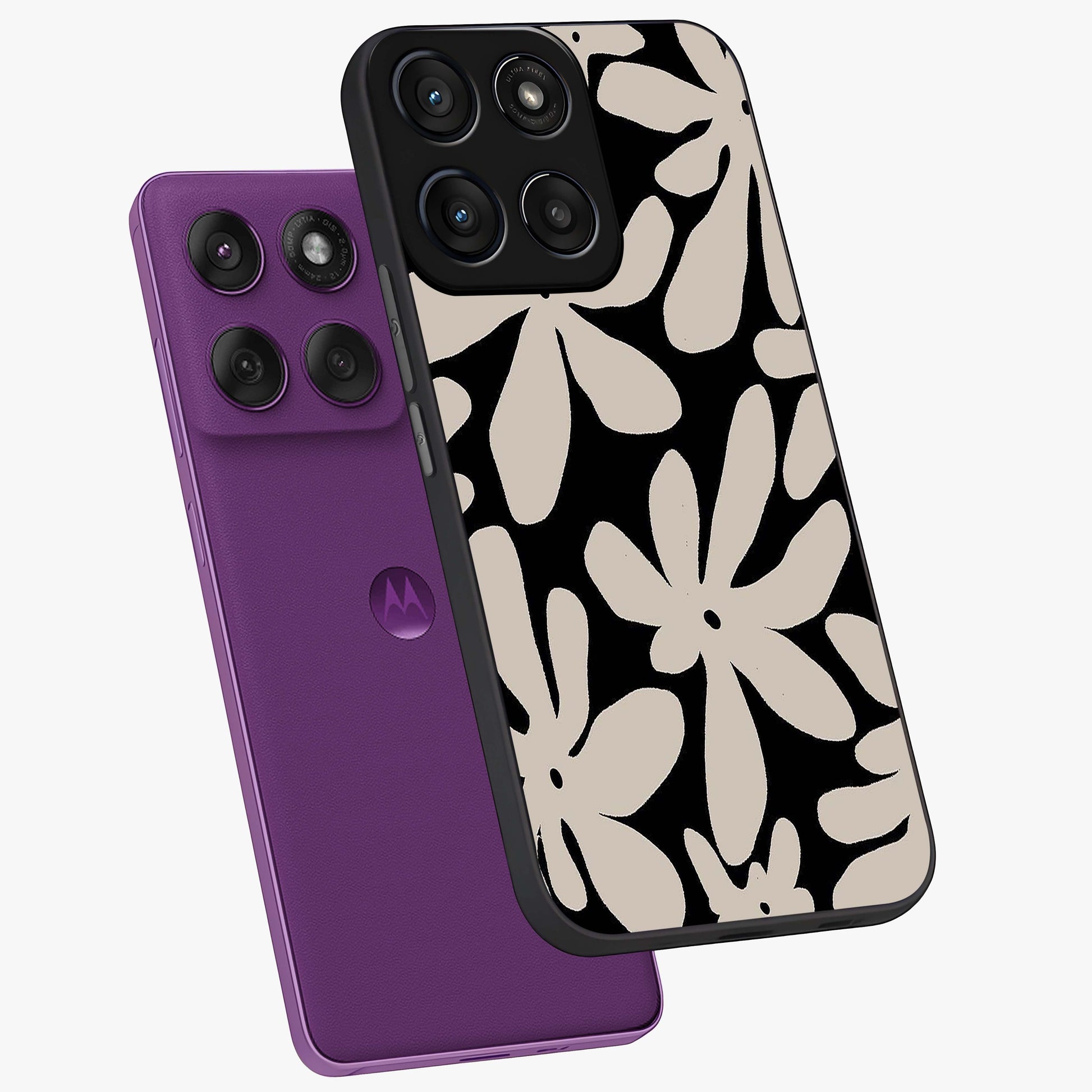 Monochrome Petal Dance Glass Case displayed in angled mockup highlighting elegant petal design with black and white aesthetic.