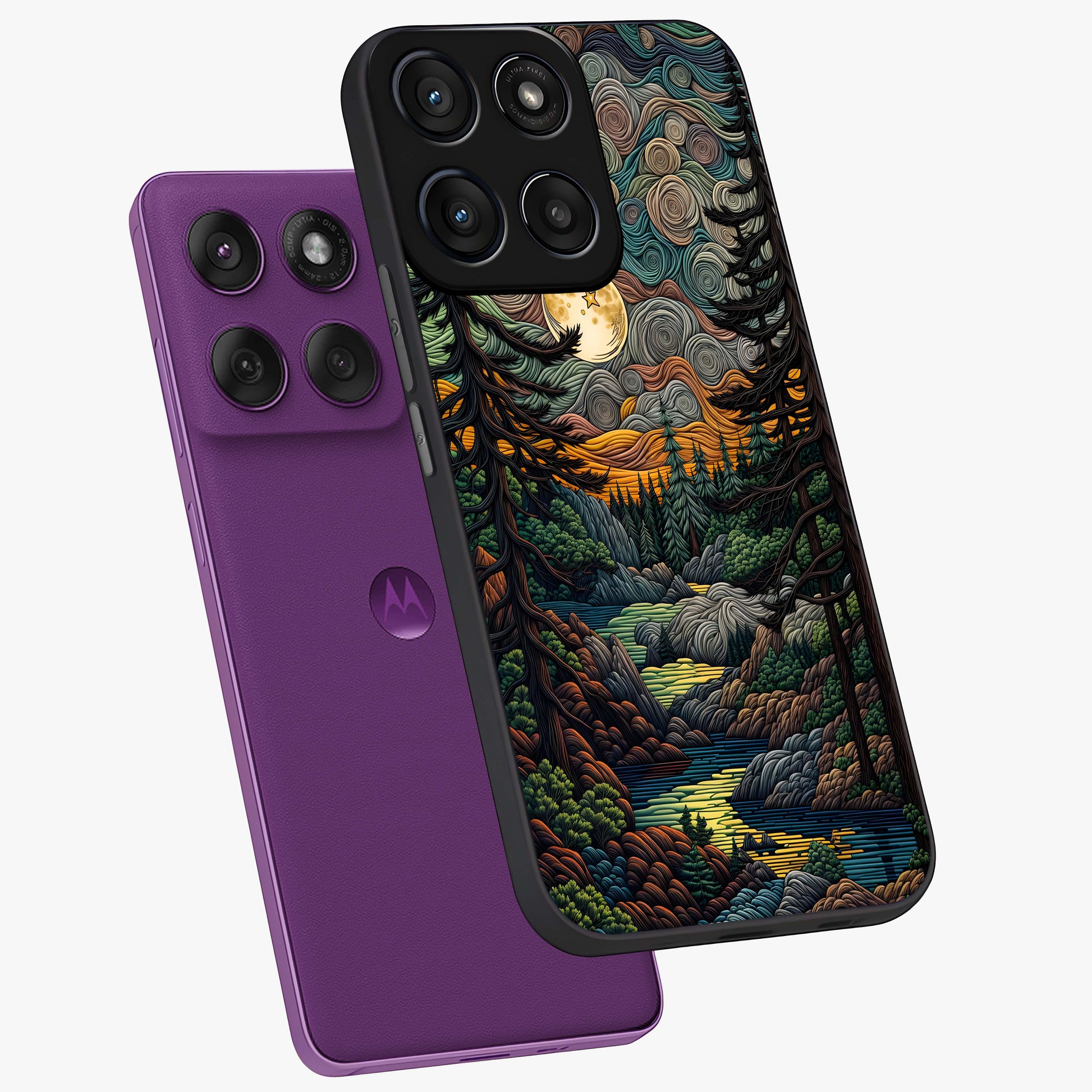 Moonlight Forest Dream Glass Case displayed in angled mockup highlighting dreamy forest design with glowing moon aesthetic.