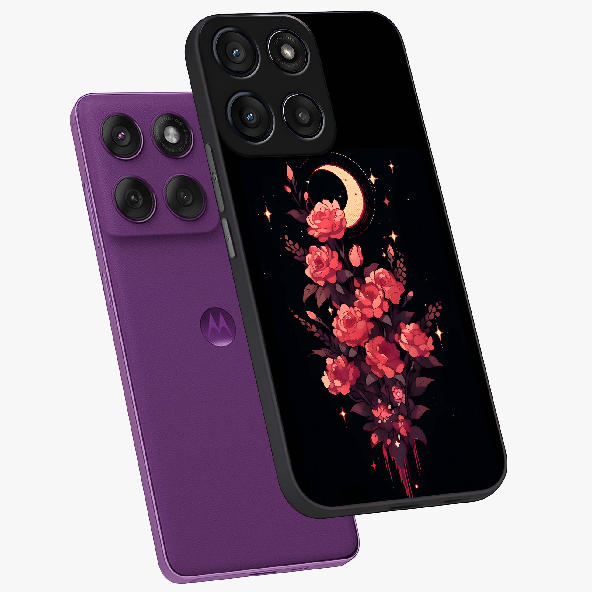 Moonlit Floral Elegance Glass Case displayed in angled mockup highlighting graceful flower design with soft moonlight aesthetic.