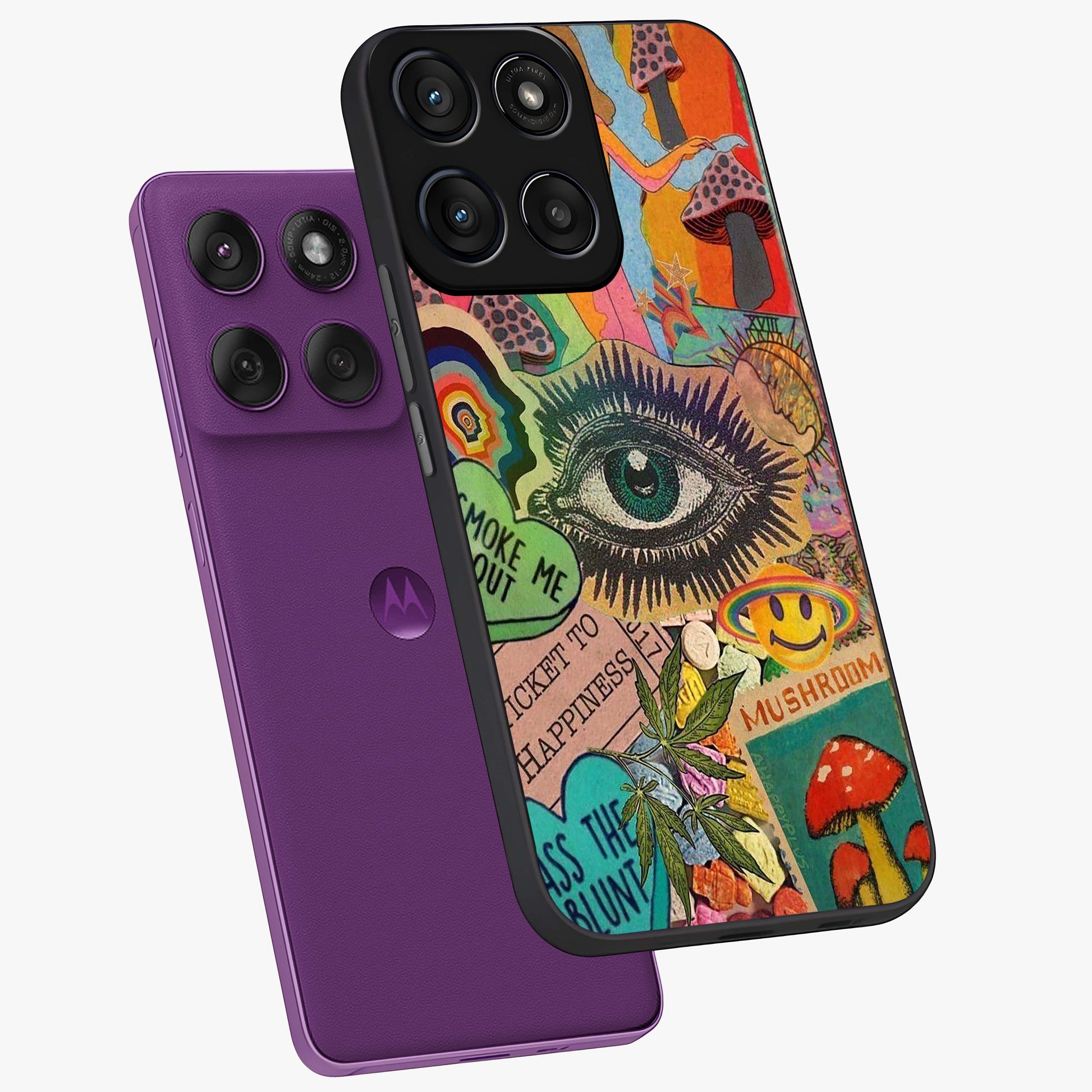 Mystic Eye Wonderland Glass Case displayed in angled mockup highlighting magical eye illustration with dreamy aesthetic.