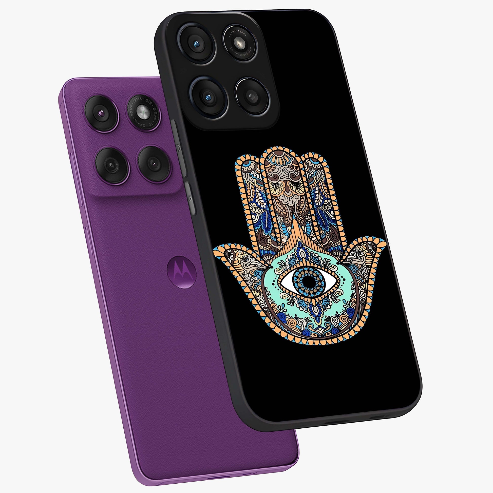 Mystic Hamsa Eye Glass Case displayed in angled mockup highlighting spiritual hamsa symbol with mystical aesthetic style.