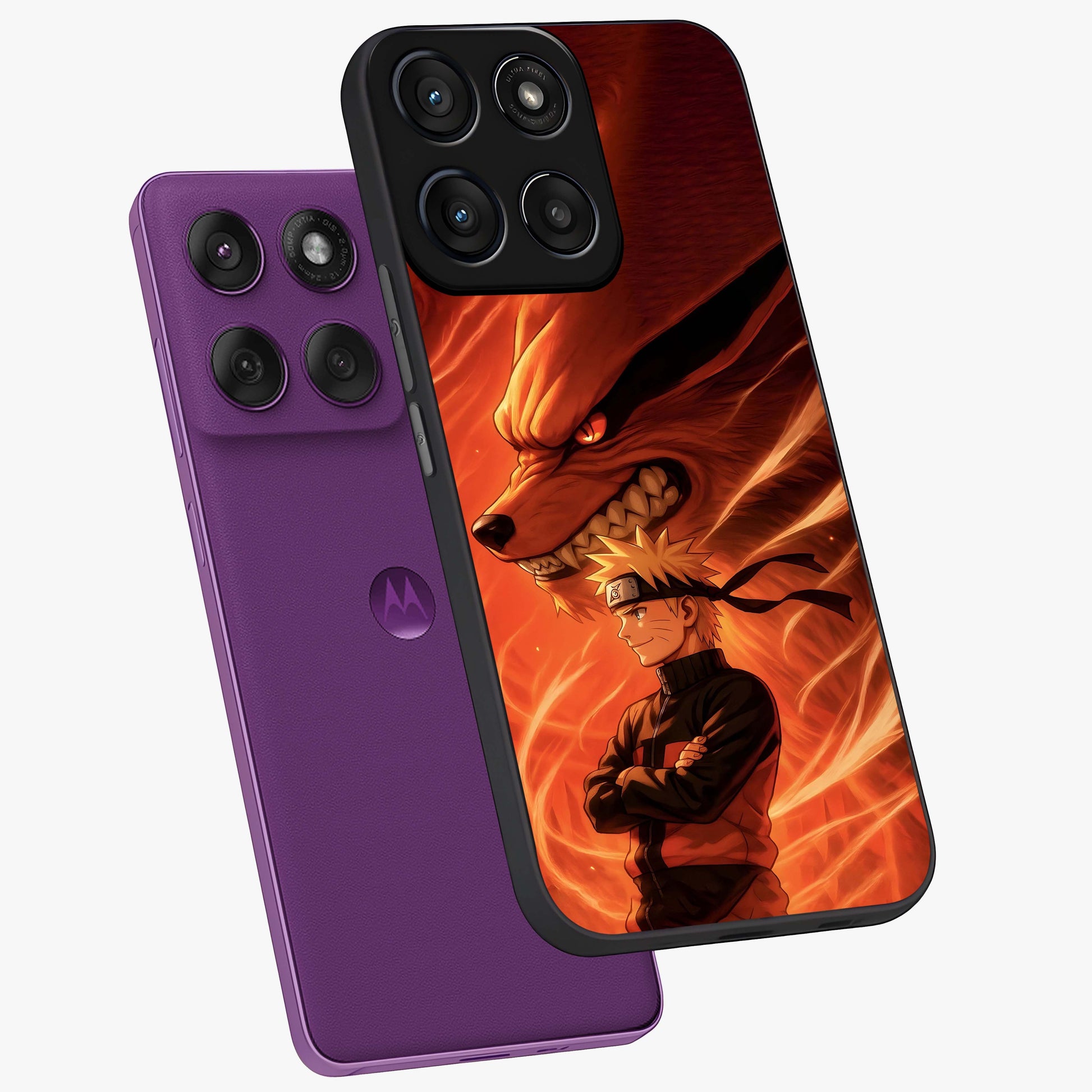 Nine Tails Legacy Glass Case displayed in angled mockup highlighting dynamic anime beast illustration with bold mystical aesthetic.