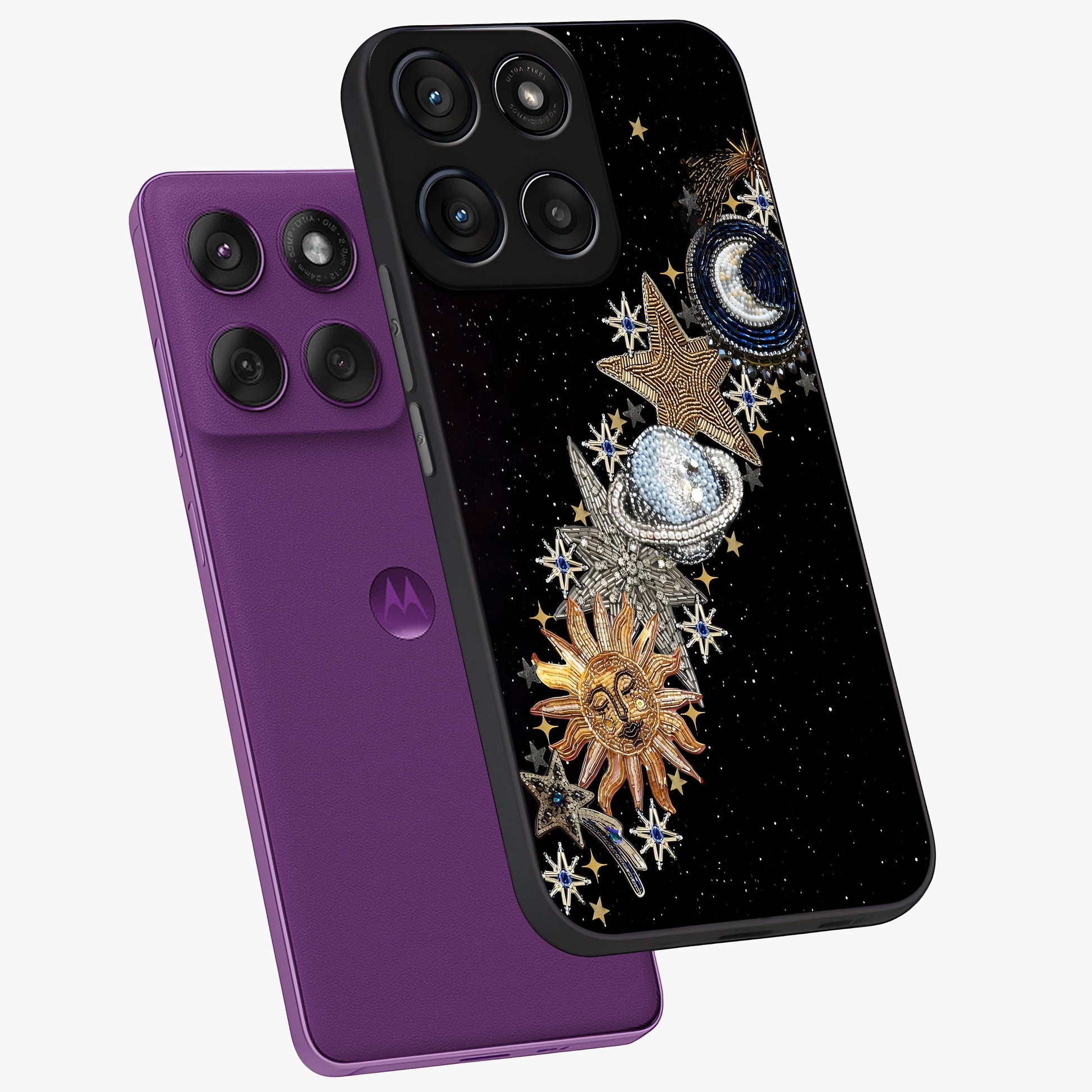 Pearls Universe Object Glass Case displayed in angled mockup highlighting celestial pearl design with dreamy aesthetic.